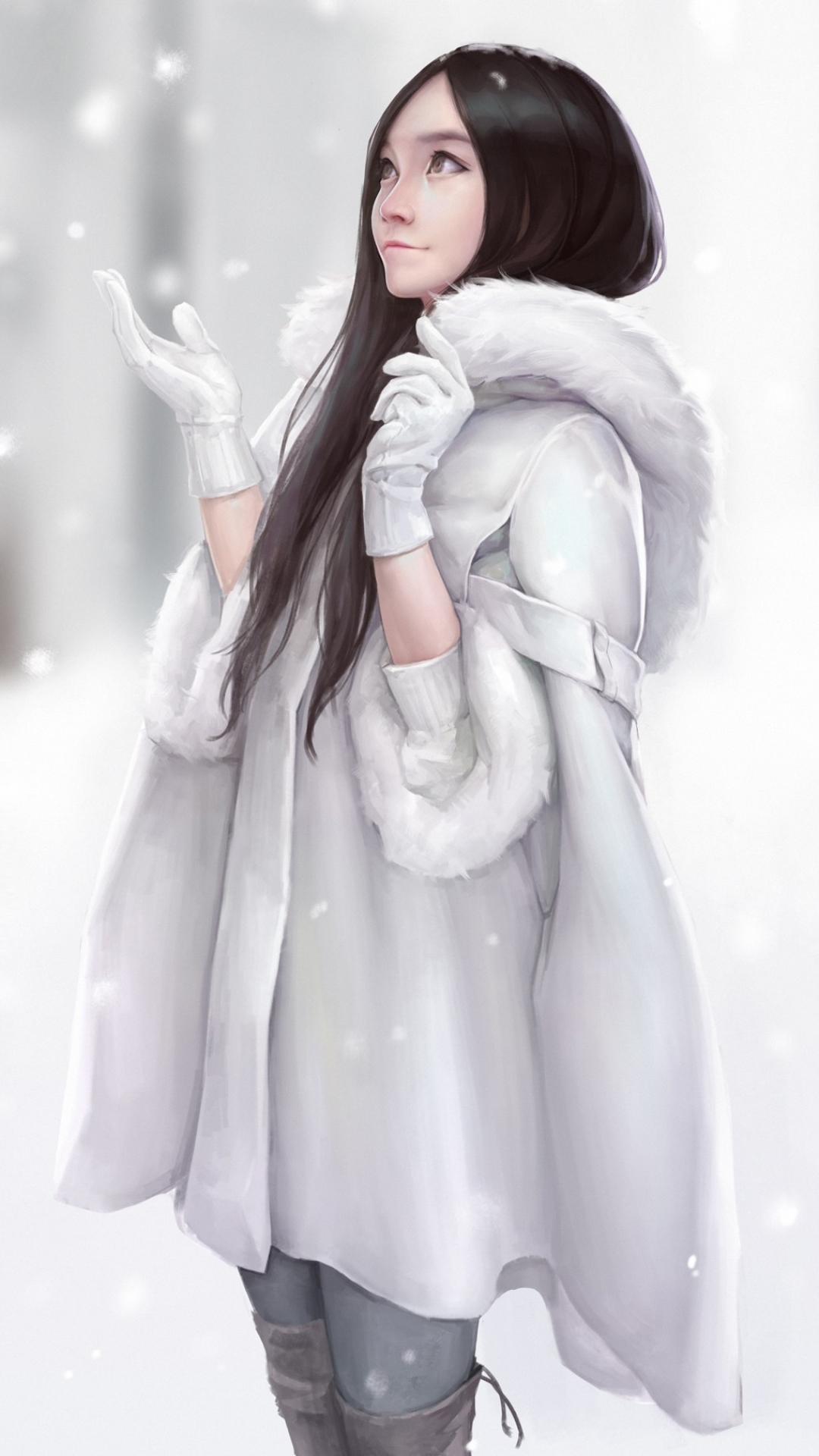 Download mobile wallpaper Winter, Snow, Mood, Artistic, Coat, Women, Asian, Black Hair for free.