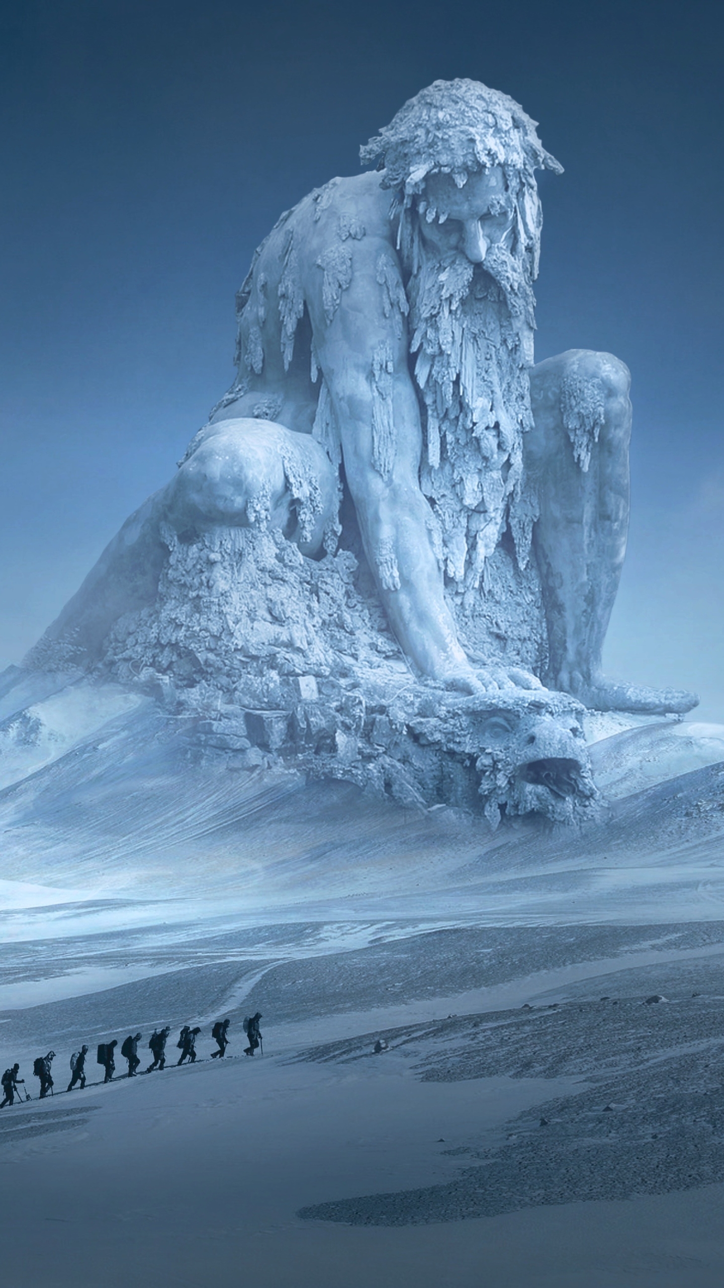 Download mobile wallpaper Landscape, Winter, Fantasy, Snow, Statue, Adventure for free.