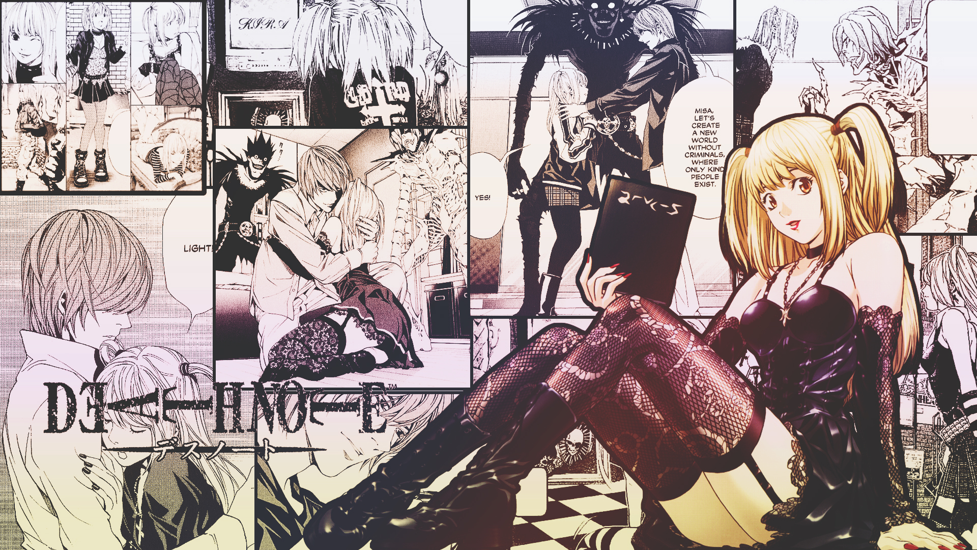 death note, misa amane, anime, black dress, blonde, book, boots, dress, fishnet, gothic, necklace, smile, thigh highs, twintails