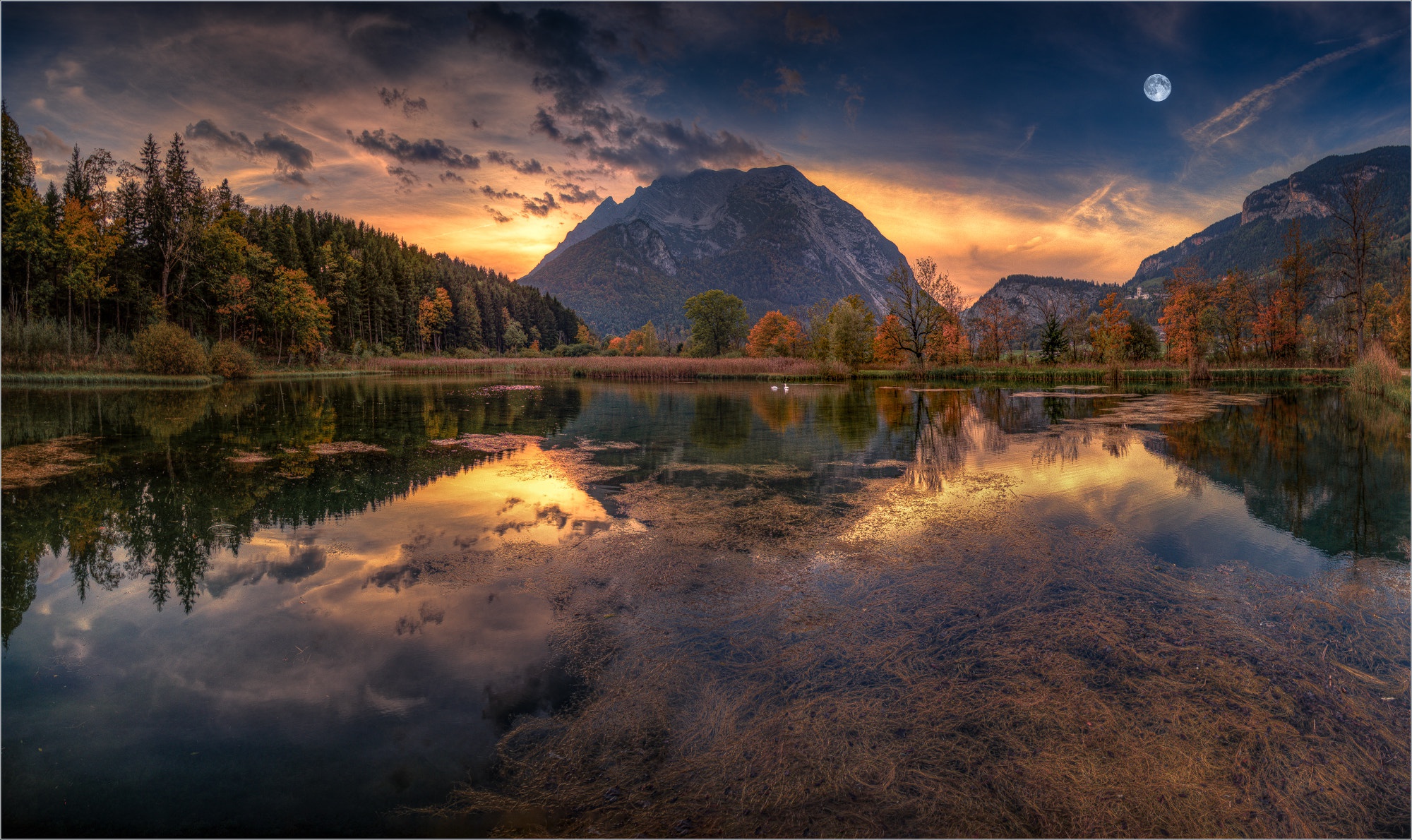 Laden Sie das Herbst, Mond, Seen, See, Wald, Gebirge, Himmel, Sonnenuntergang, Erde/natur, Spiegelung-Bild kostenlos auf Ihren PC-Desktop herunter