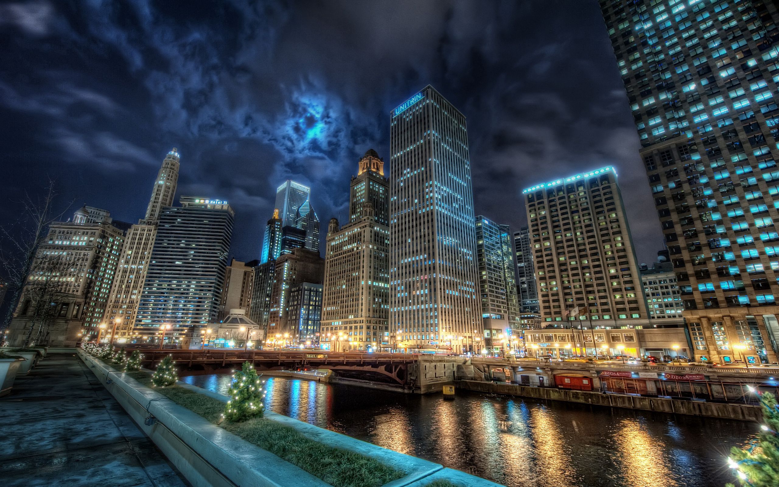 chicago, cities, water, night, usa, city, lights, reflection, united states, america, channel, states
