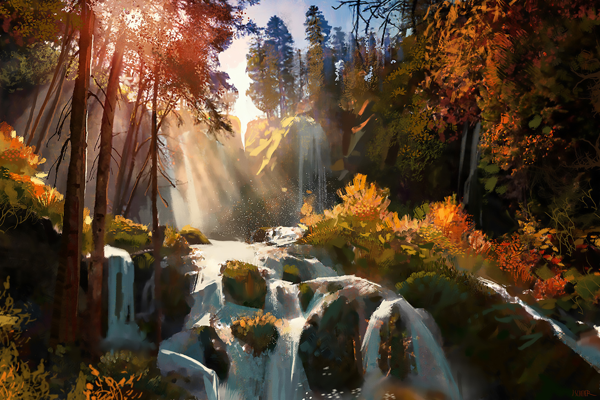 Download mobile wallpaper Fantasy, Waterfall, Tree, Leaf, Fall, Sunshine for free.