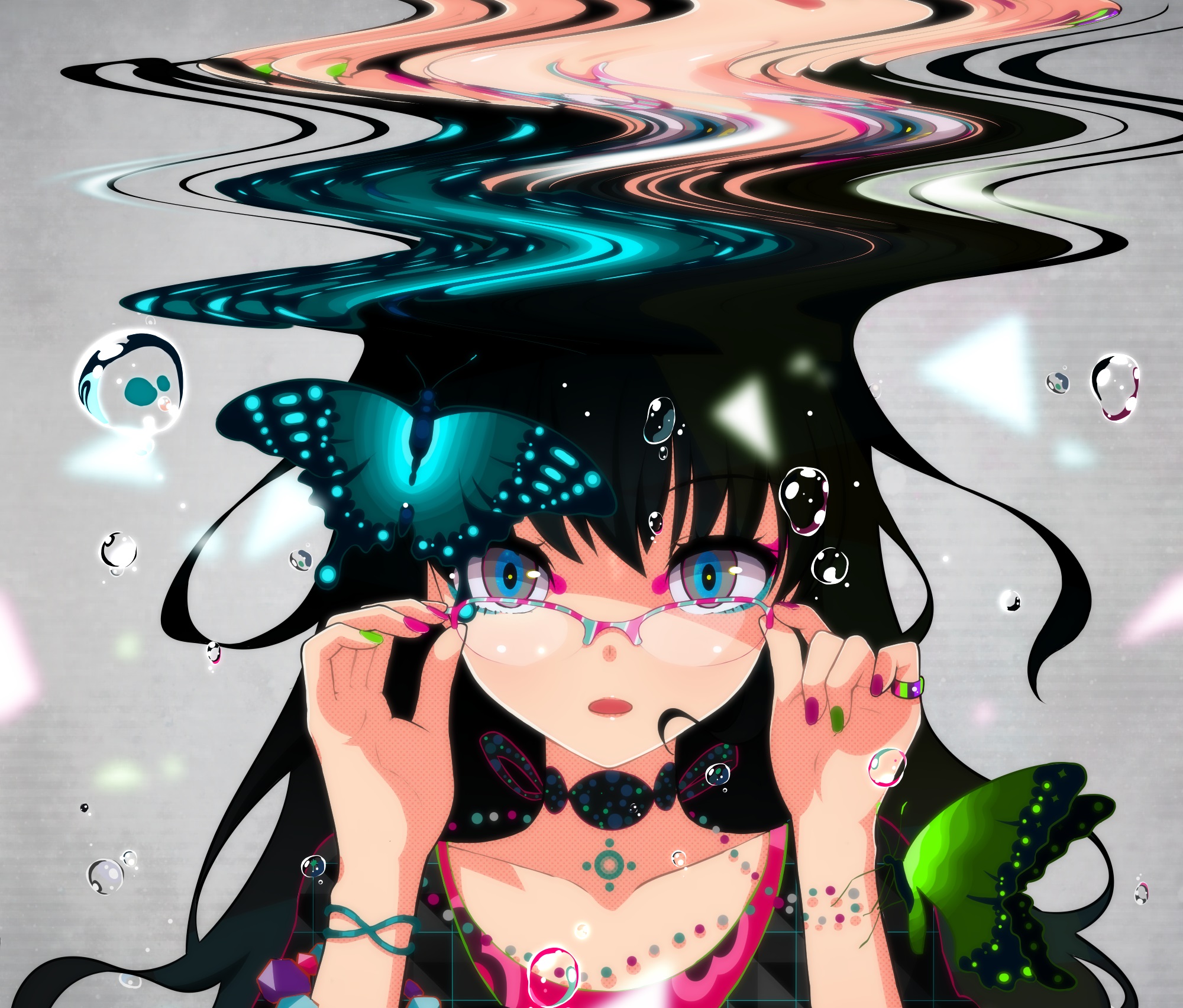 Download mobile wallpaper Anime, Butterfly, Girl, Glasses, Bubble, Blue Eyes, Black Hair, Long Hair for free.