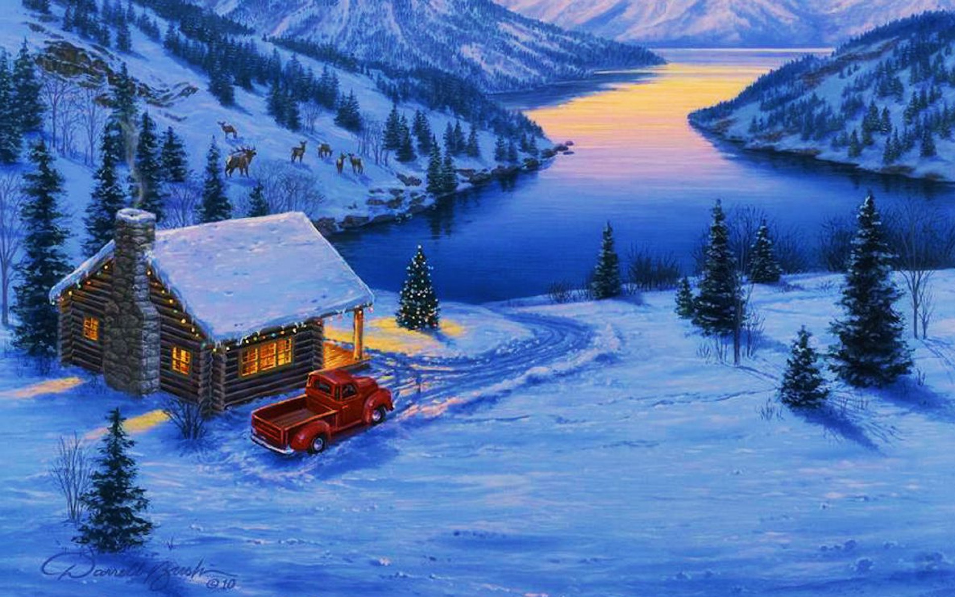 Download mobile wallpaper Winter, Snow, Mountain, Lake, Forest, Christmas, House, Artistic, Cottage for free.