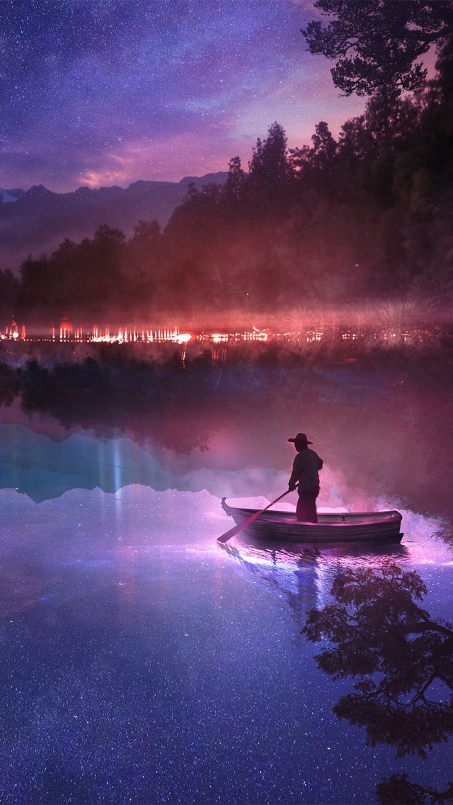 Download mobile wallpaper Landscape, Nature, Fantasy, Night, Lake, Reflection, Boat for free.