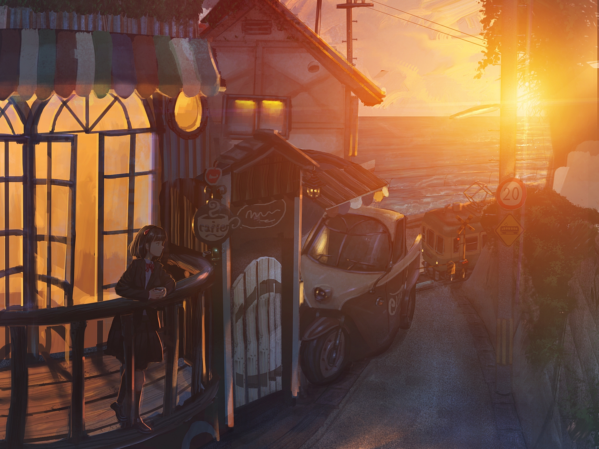 anime, original, cafe, sea, sunset