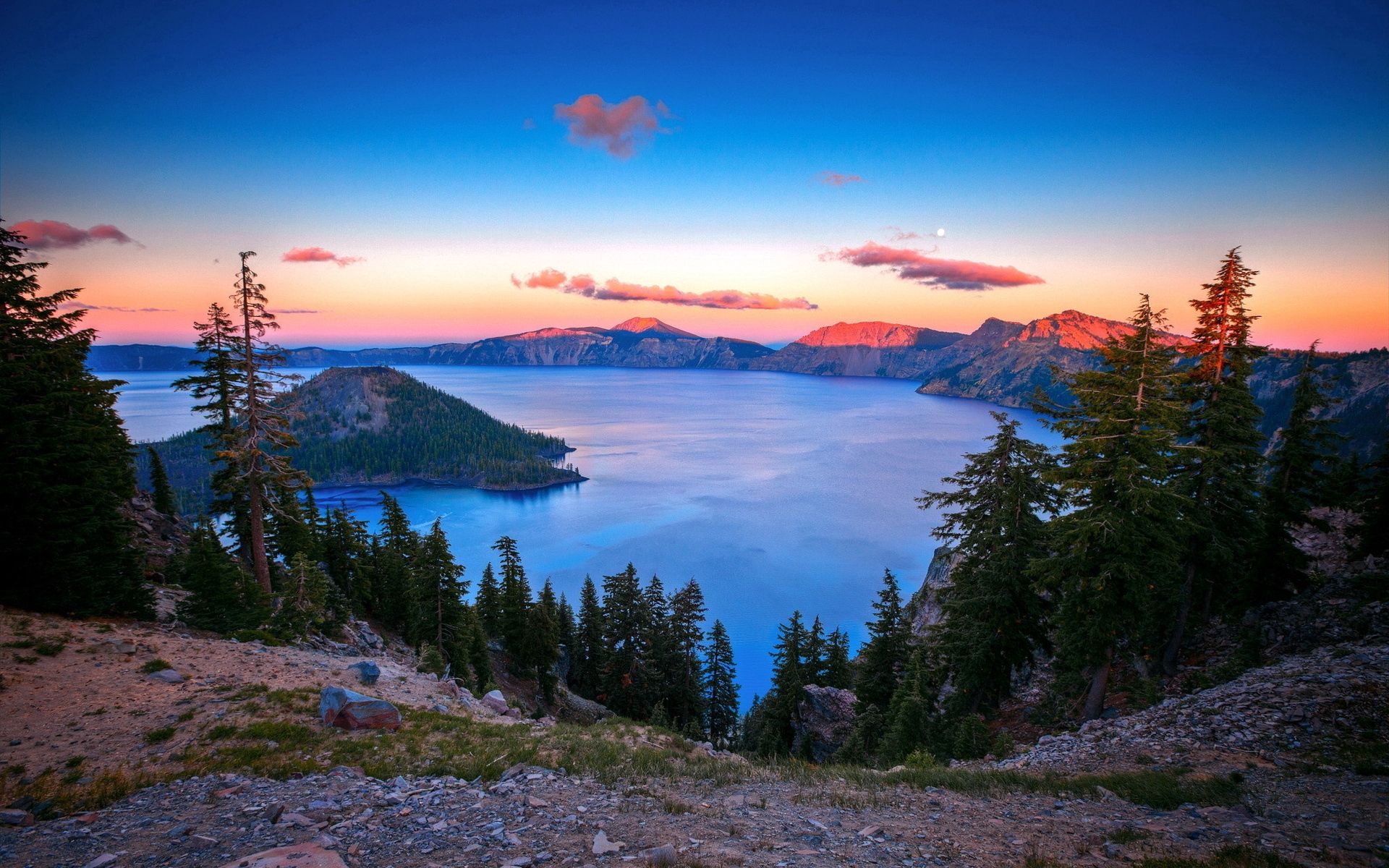 mountains, nature, trees, sunset, sky, clouds, lake, height, island, islet, rocky, stony