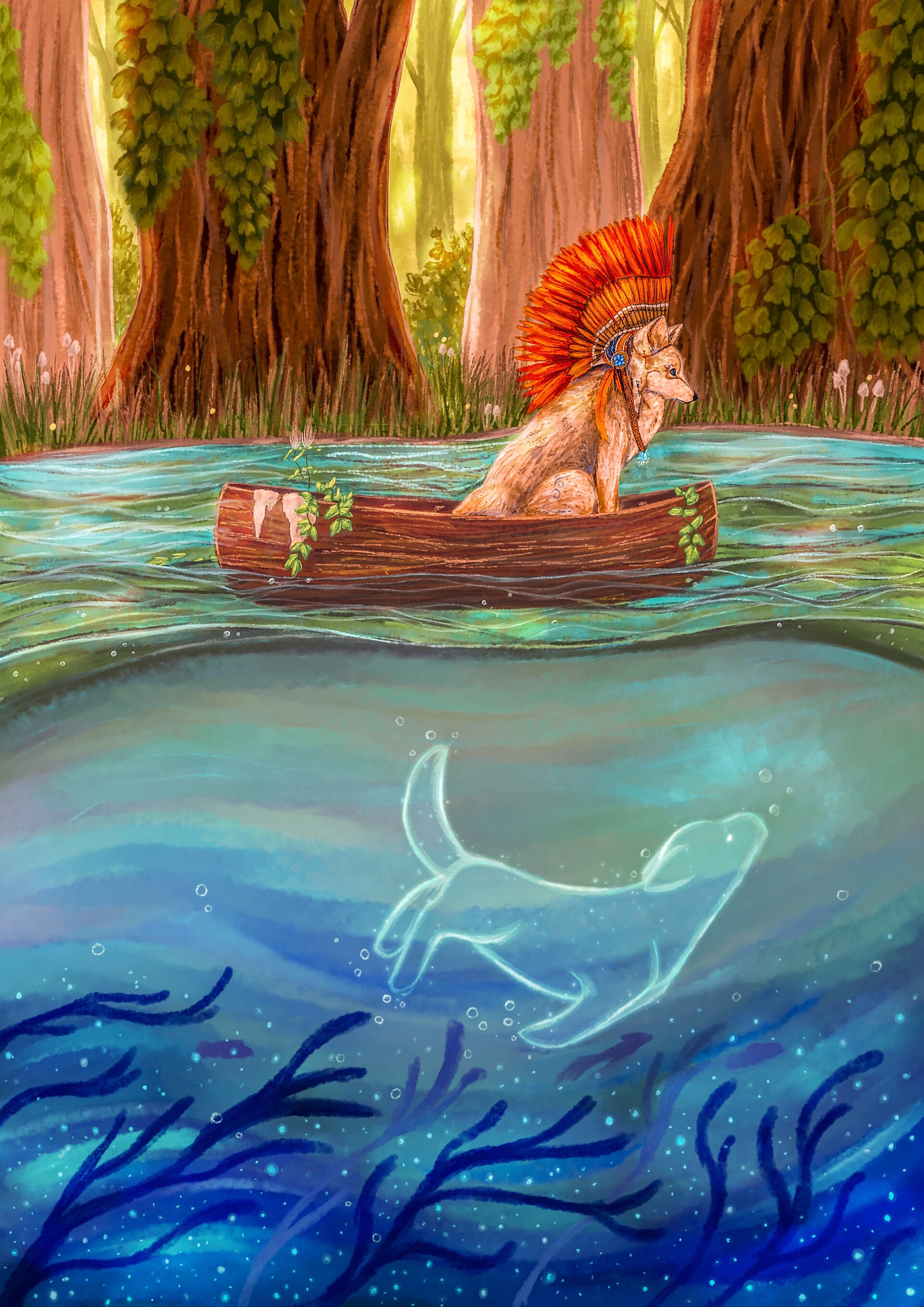 Laden Sie das Ein Boot, Boot, Flüsse, Kunst, Wolf-Bild kostenlos auf Ihren PC-Desktop herunter