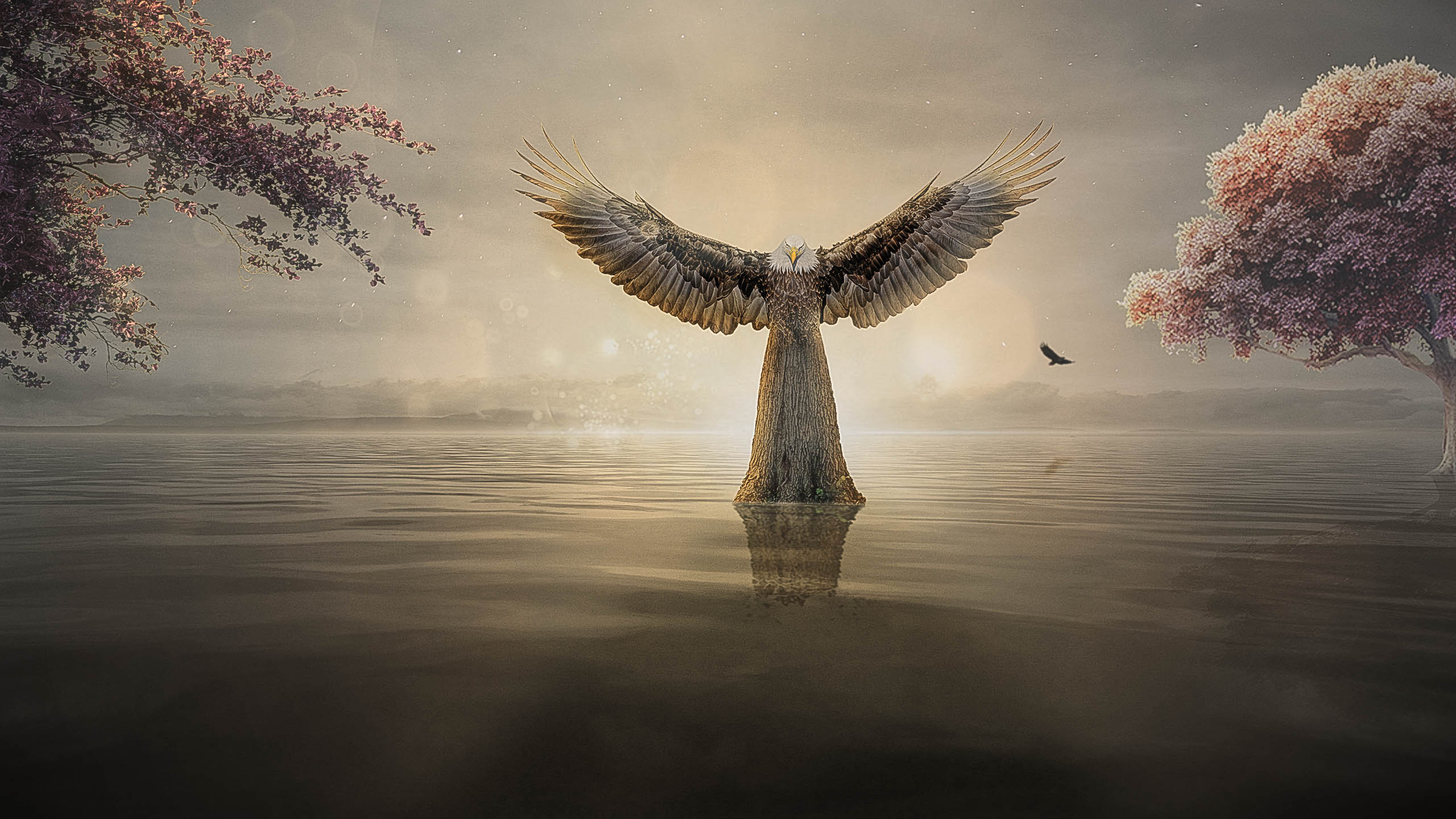 Free download wallpaper Water, Fantasy, Sea, Reflection, Tree, Eagle, Sunlight, Artistic on your PC desktop
