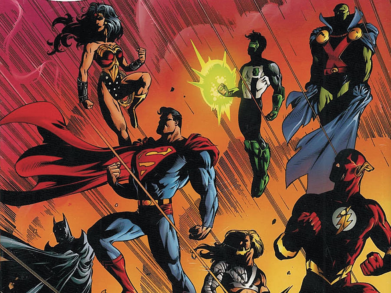 justice league, comics, aquaman, batman, dc comics, flash, green lantern, kyle rayner, martian manhunter, superman, wally west, wonder woman