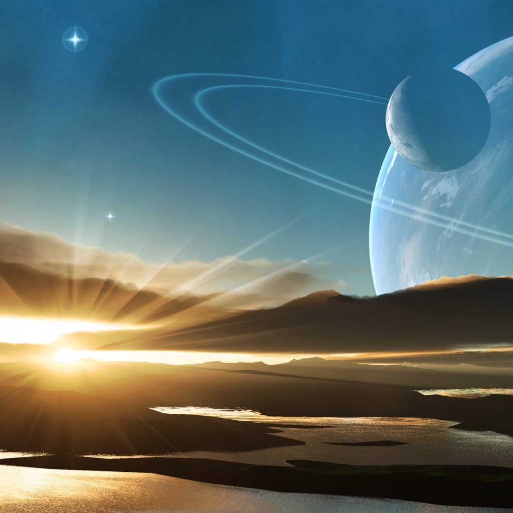 Free download wallpaper Landscape, Sunset, Sunrise, Space, Planet, Sci Fi, Cgi, Planetary Ring on your PC desktop