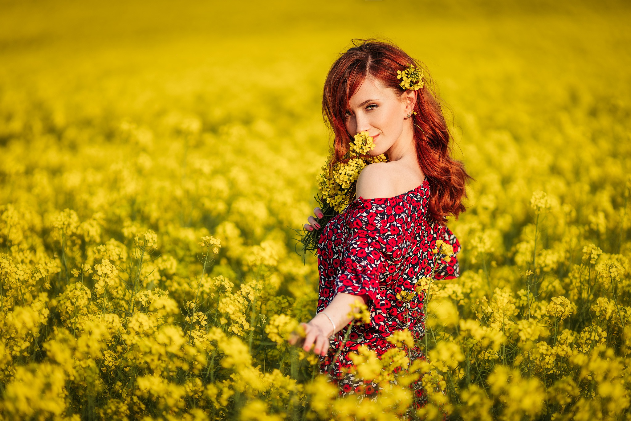 Download mobile wallpaper Redhead, Model, Women, Yellow Flower, Depth Of Field for free.