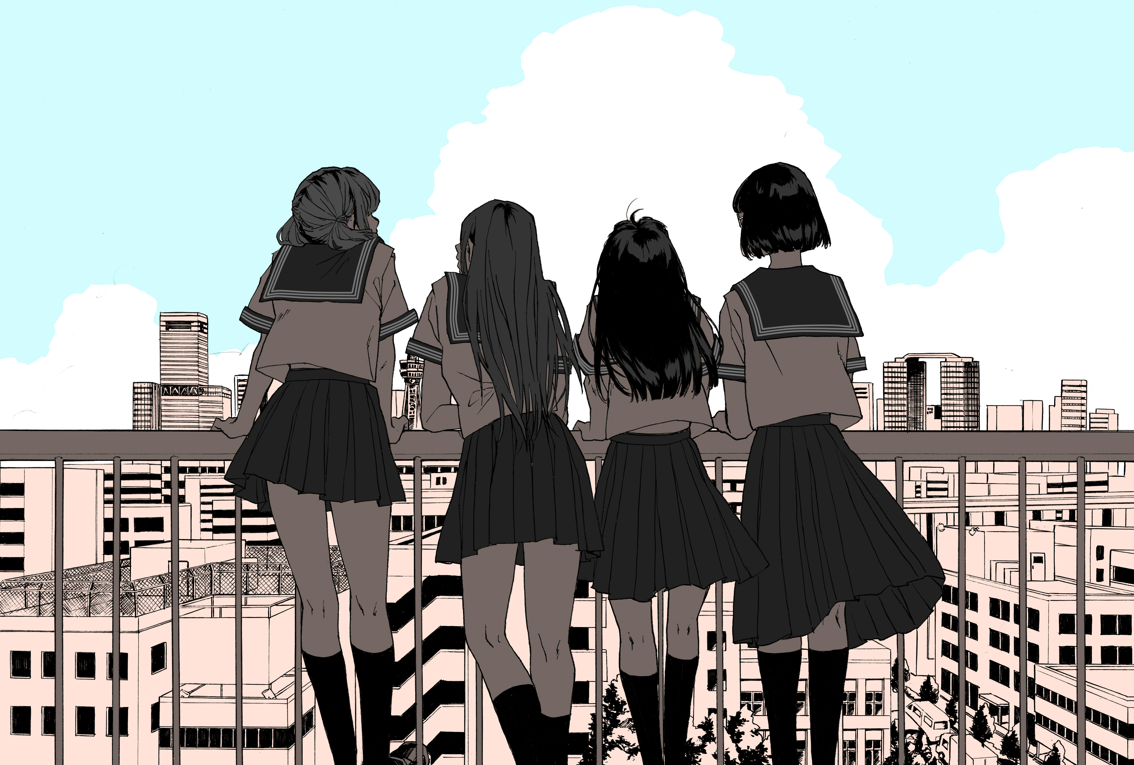Download mobile wallpaper Anime, City, Glasses, Original, Black Hair, Long Hair, Short Hair, Twintails, Grey Hair for free.