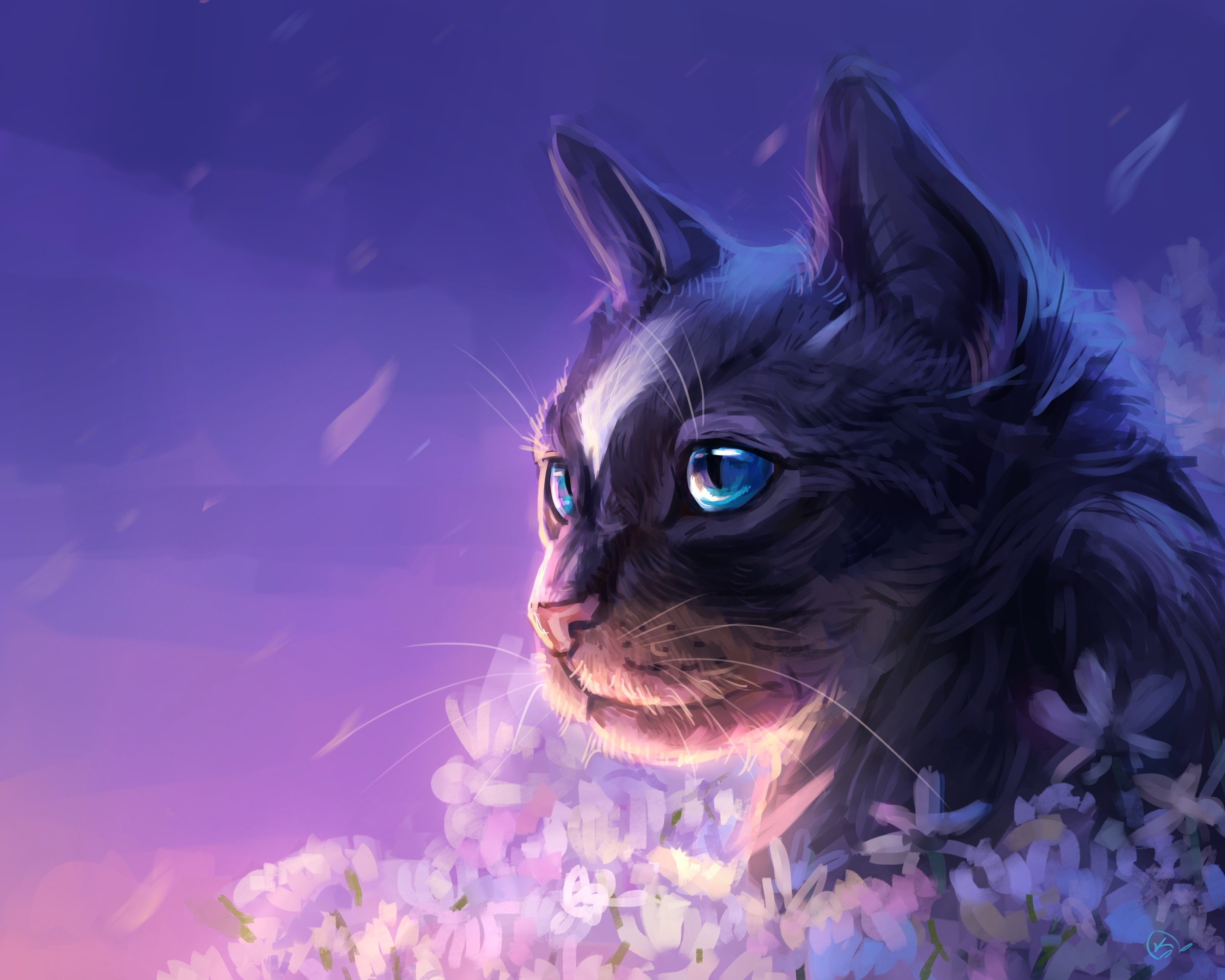 Download mobile wallpaper Fantasy, Flower, Cat, Purple, Blue Eyes, Fantasy Animals for free.