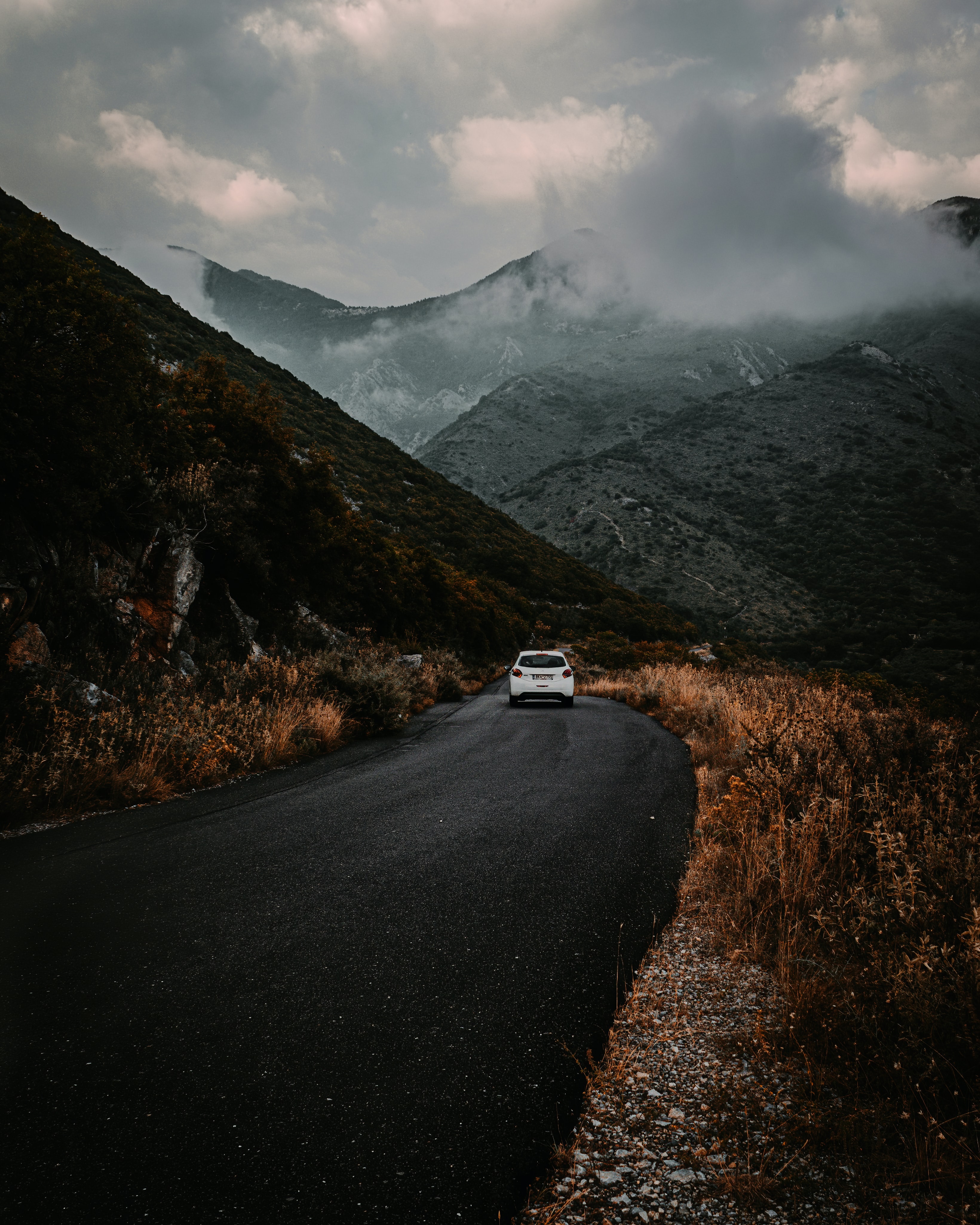 Free download wallpaper Mountains, Clouds, Road, Fog, Nature, Car, Machine on your PC desktop