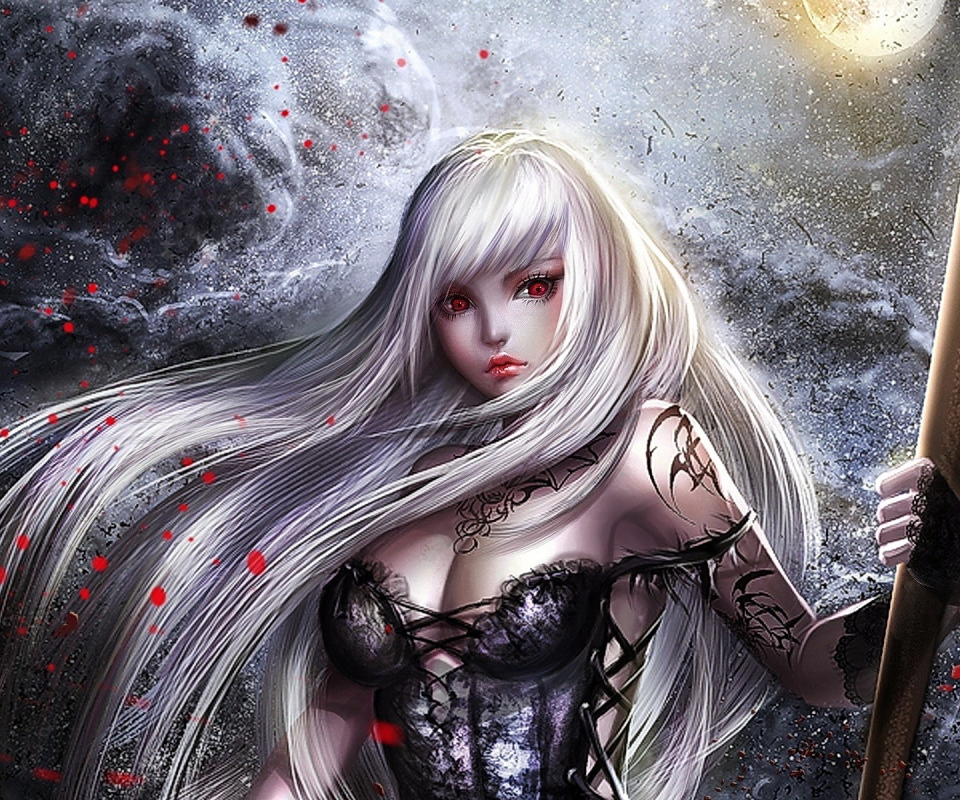 Download mobile wallpaper Fantasy, Weapon, Red Eyes, Long Hair, Women Warrior, White Hair, Woman Warrior for free.