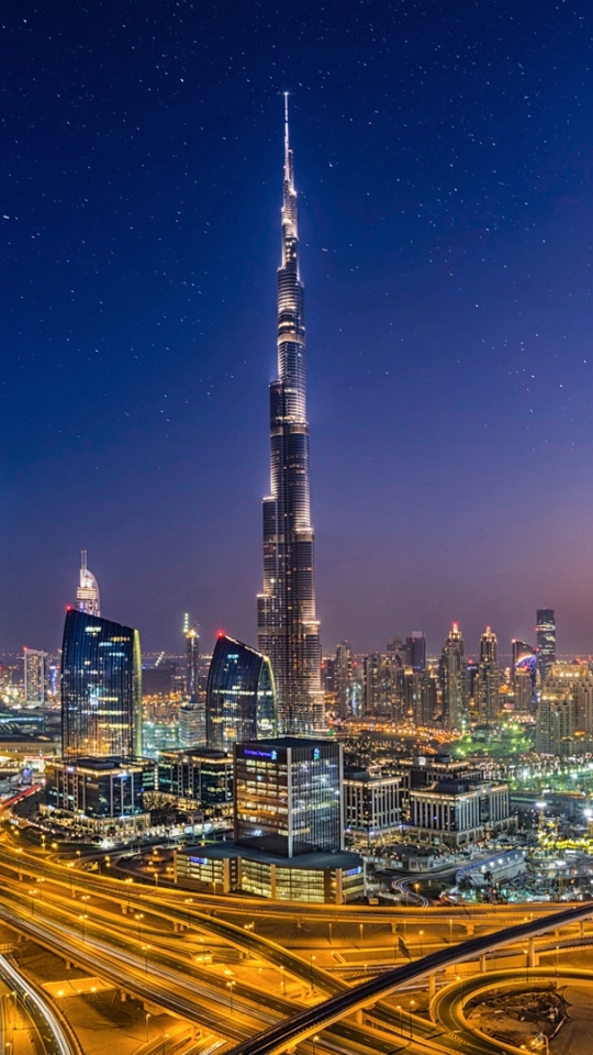 Descarga gratuita de fondo de pantalla para móvil de Ciudades, Noche, Ciudad, Emiratos Árabes Unidos, Burj Khalifa, Hecho Por El Hombre, Dubái, Megápolis.