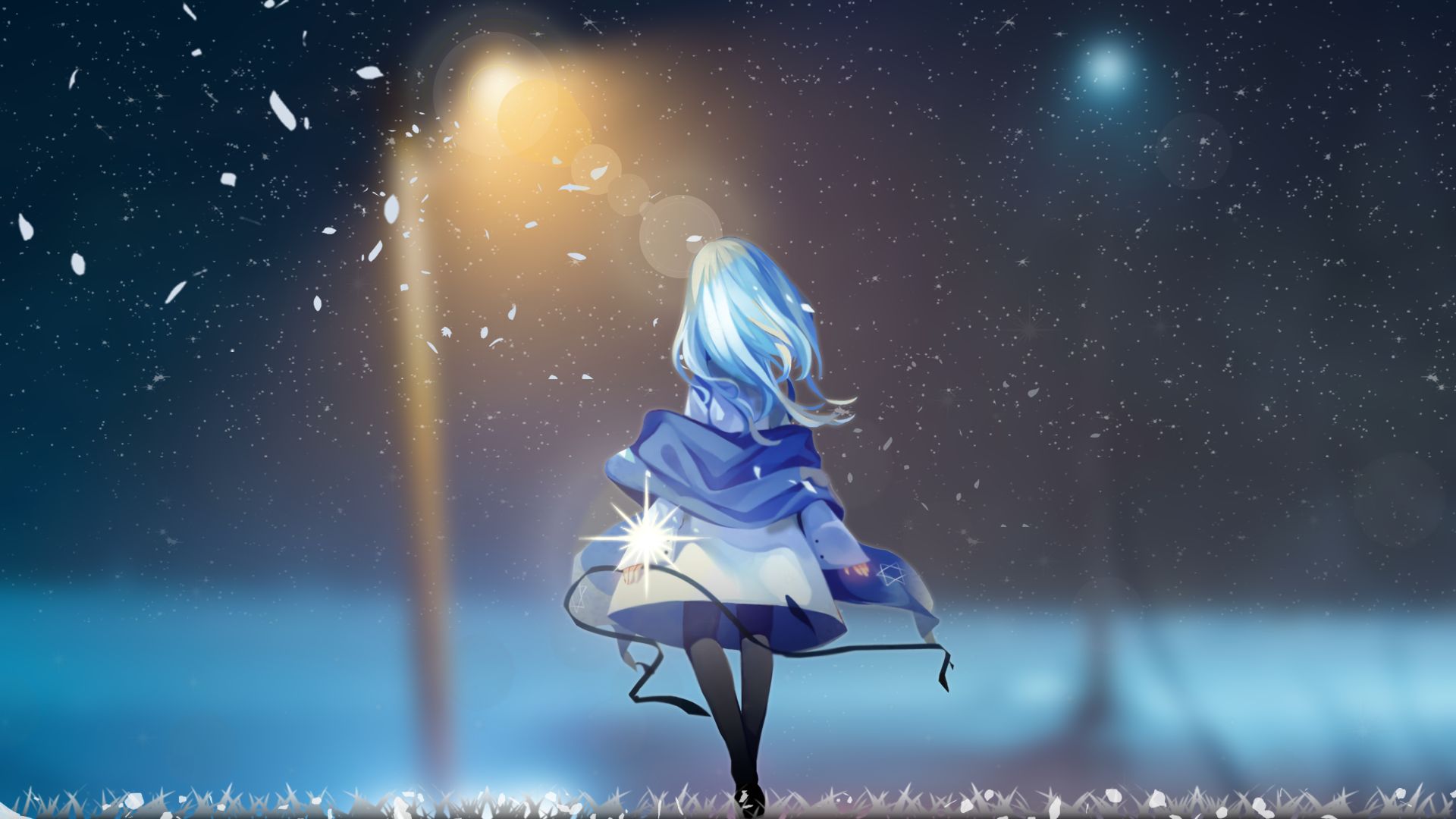 Laden Sie das Mädchen, Licht, Nacht, Blaue Haare, Animes-Bild kostenlos auf Ihren PC-Desktop herunter