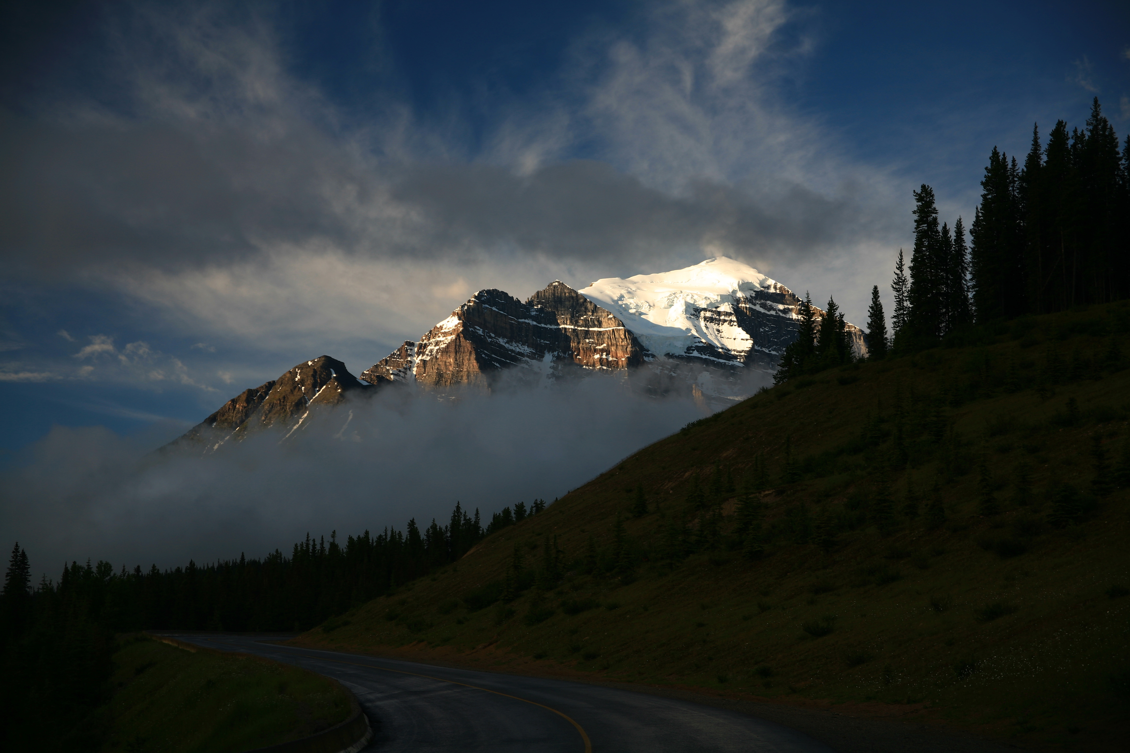 clouds, nature, mountains, twilight, road, dusk