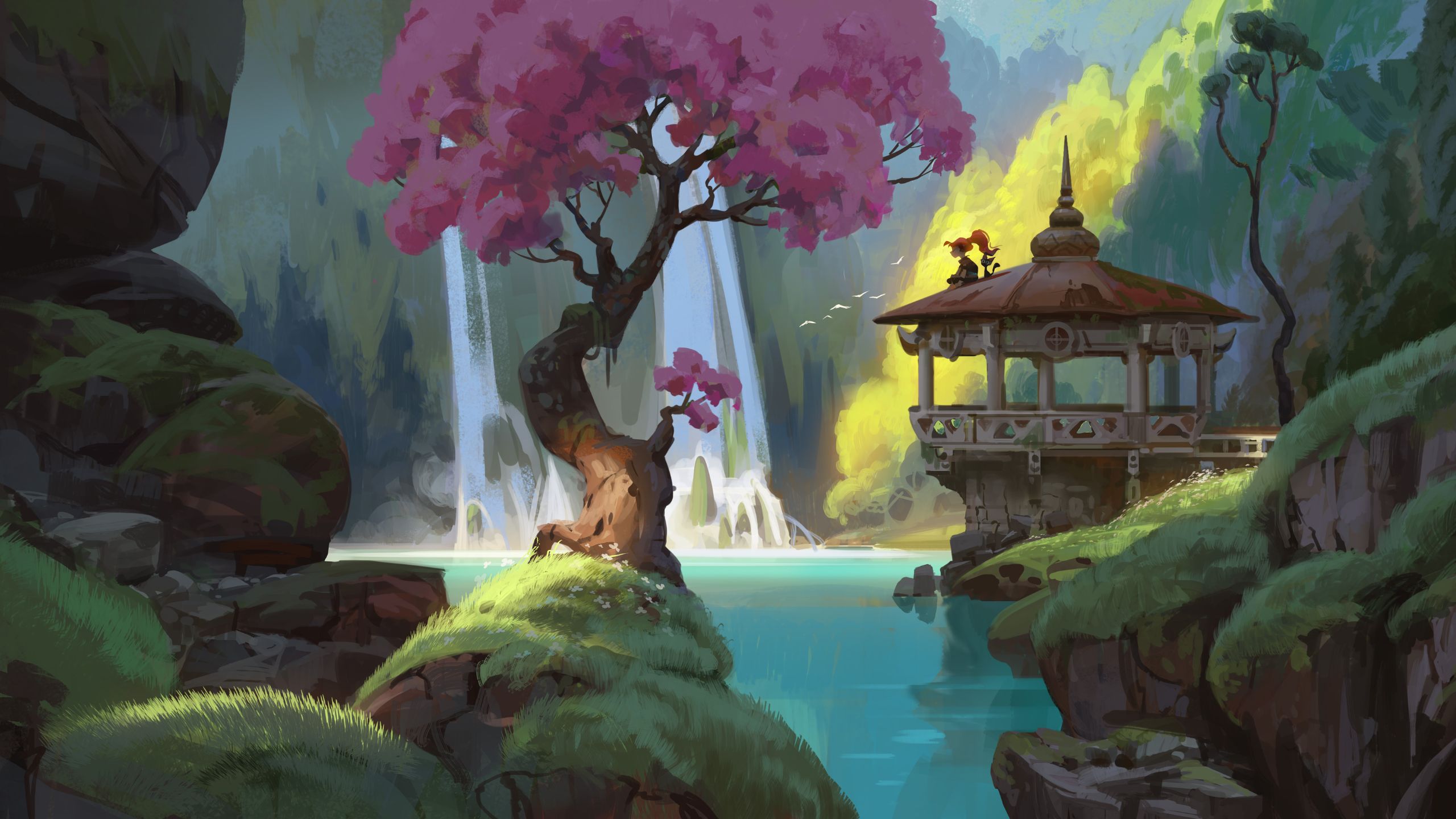 Free download wallpaper Landscape, Fantasy, Waterfall, Cat, Tree on your PC desktop