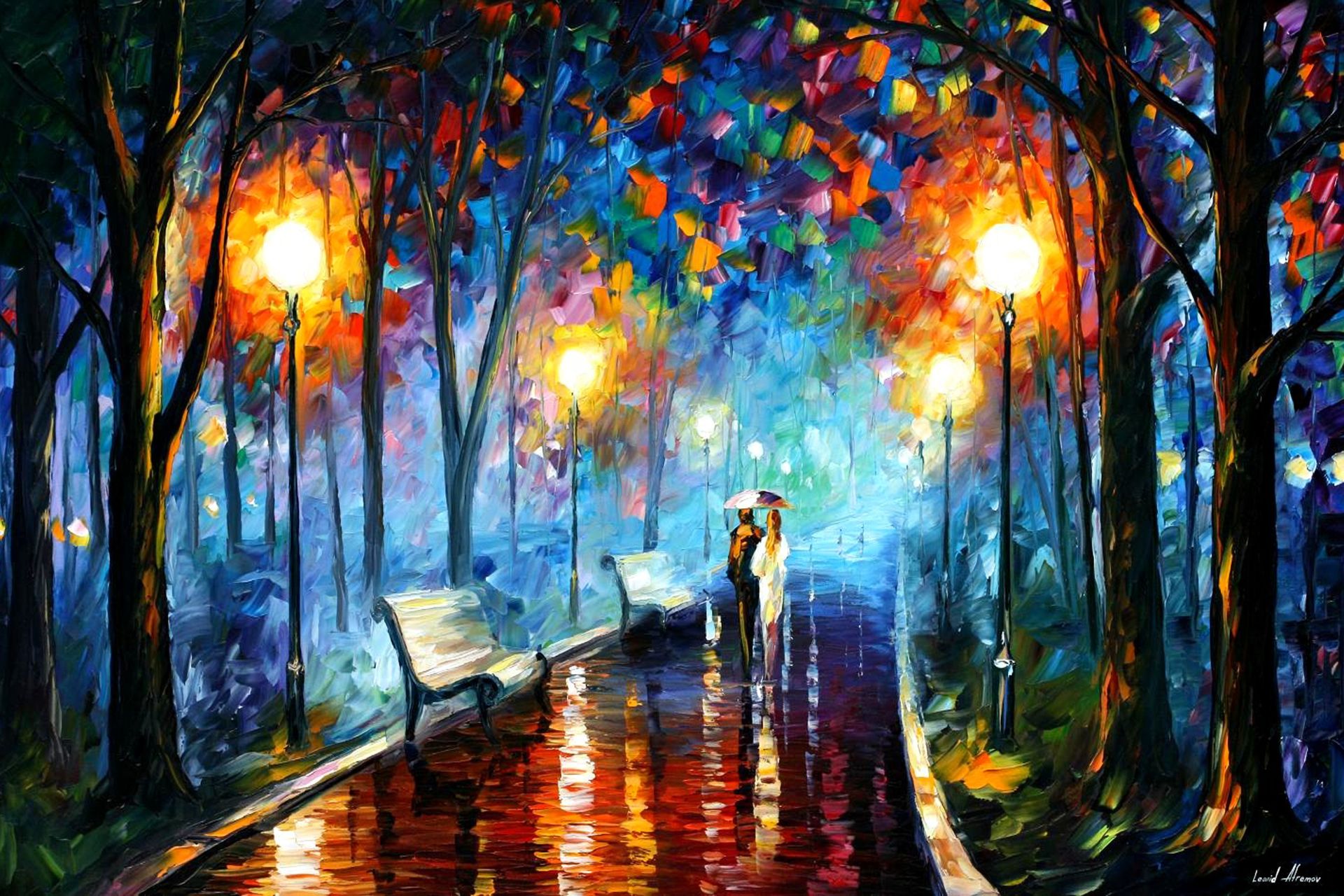 Download mobile wallpaper Rain, Light, Park, Couple, Colorful, Painting, Artistic for free.