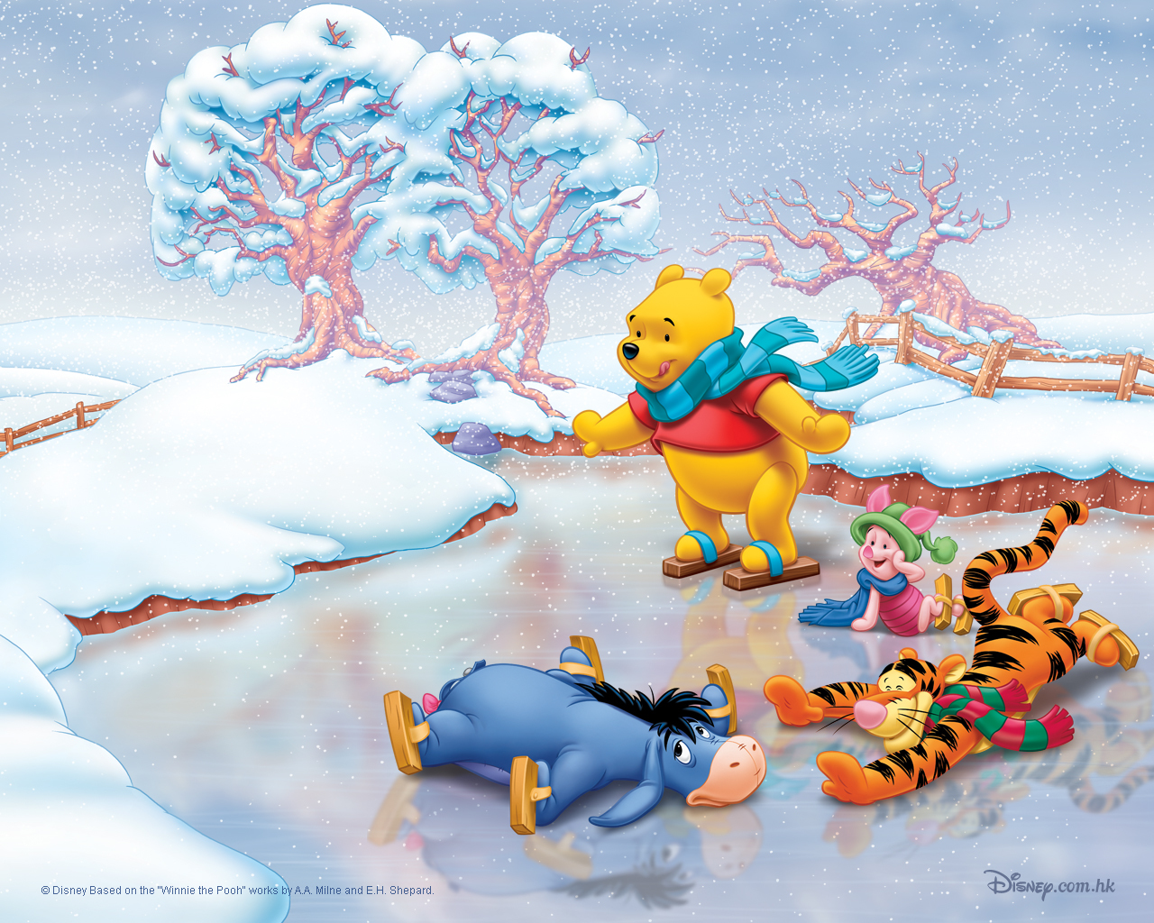 winnie the pooh, cartoon, pictures, winter, ice, snow HD wallpaper