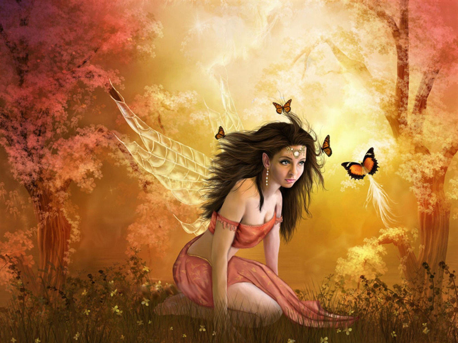 Free download wallpaper Fantasy, Grass, Flower, Forest, Butterfly, Wings, Spring, Fairy on your PC desktop