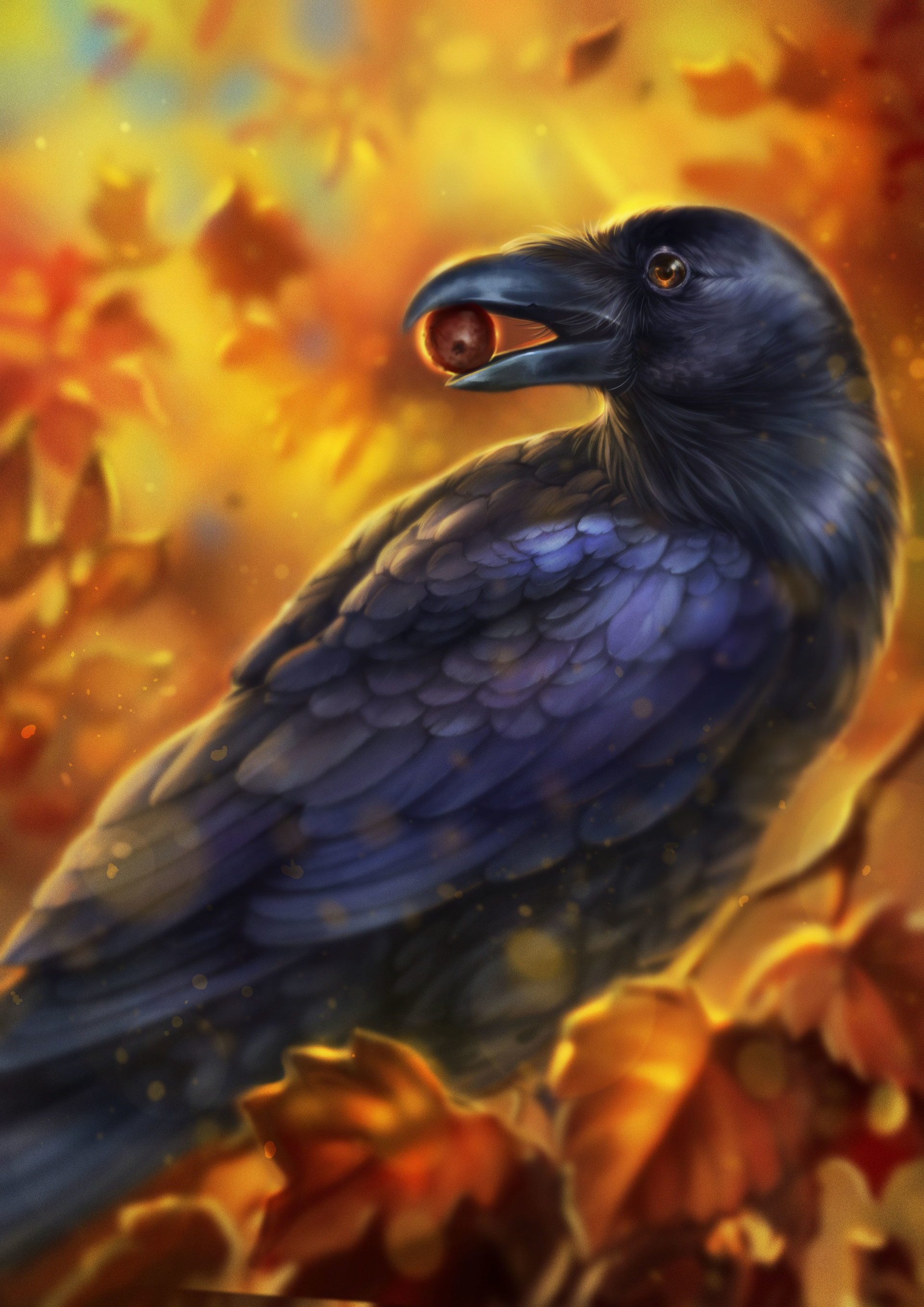 art, acorn, leaves, bird, beak, crow Smartphone Background