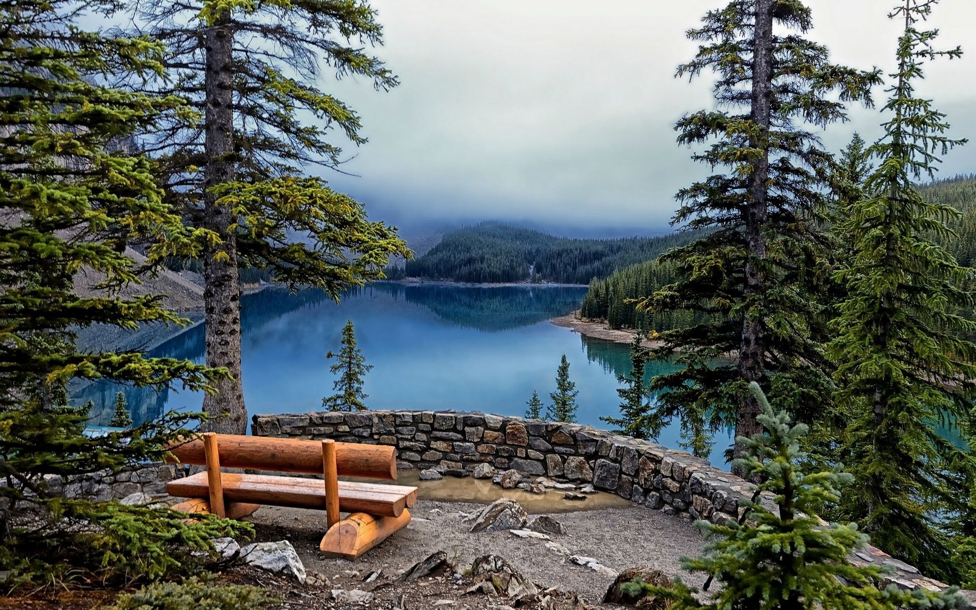 Download mobile wallpaper Landscape, Lake, Forest, Tree, Fog, Stone, Bench, Man Made for free.