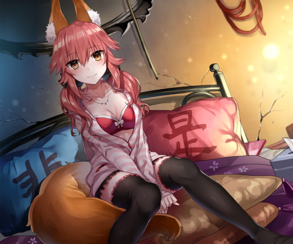 Download mobile wallpaper Anime, Lamp, Pillow, Tail, Yellow Eyes, Pink Hair, Blush, Long Hair, Thigh Highs, Animal Ears, Fate/extra, Caster (Fate/extra), Fate Series for free.