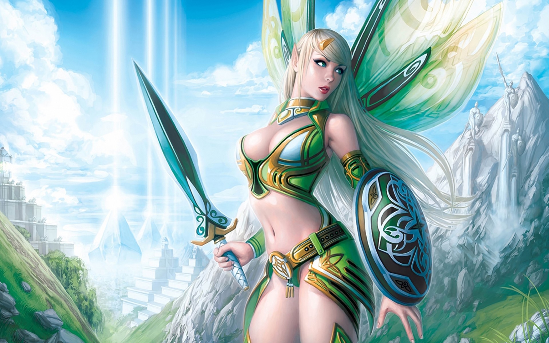 Descarga gratuita de fondo de pantalla para móvil de Fantasía, Escudo, Alas, Hada, Espada, Mujeres Guerrera, Mujer Guerrera, Rubia, Elfo.
