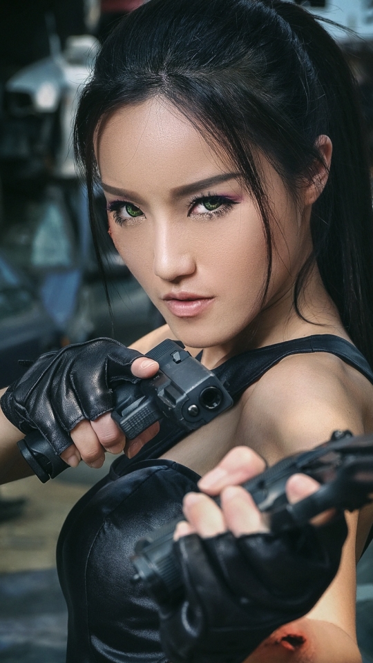 Download mobile wallpaper Brunette, Model, Women, Green Eyes, Asian, Gun, Girls & Guns for free.