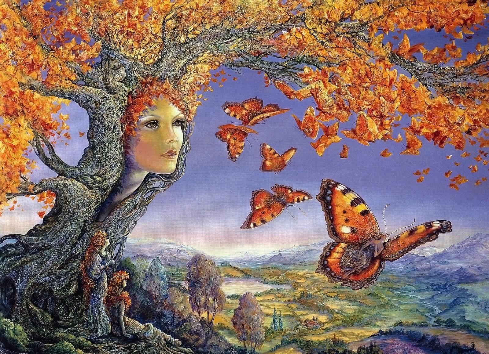 74341 скачать обои бабочки, девушки, фэнтези, осень, лицо, листья, дерево, удивление - заставки и картинки бесплатно