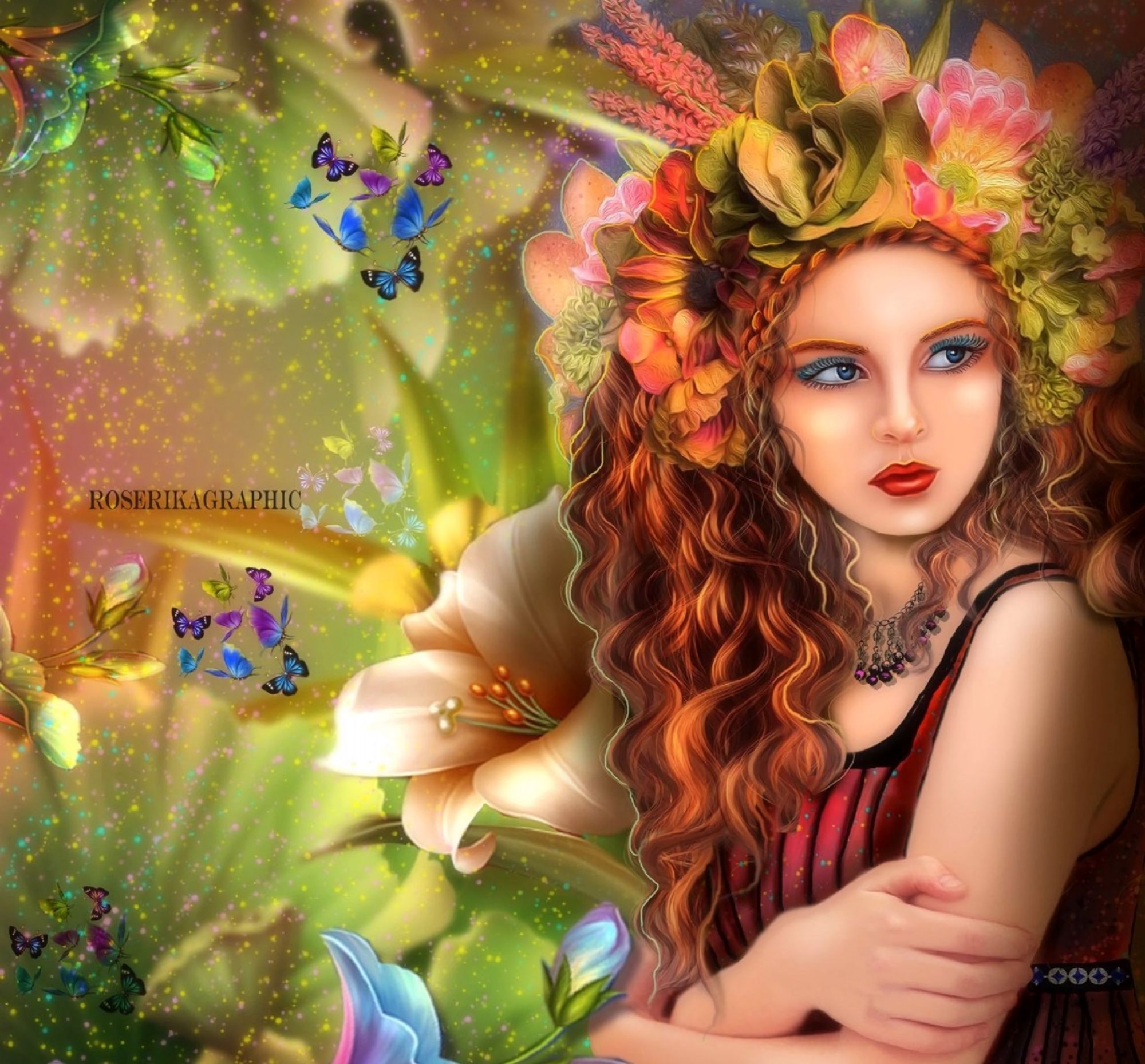無料モバイル壁紙蝶, ファンタジー, 花, 青い目, 女性をダウンロードします。