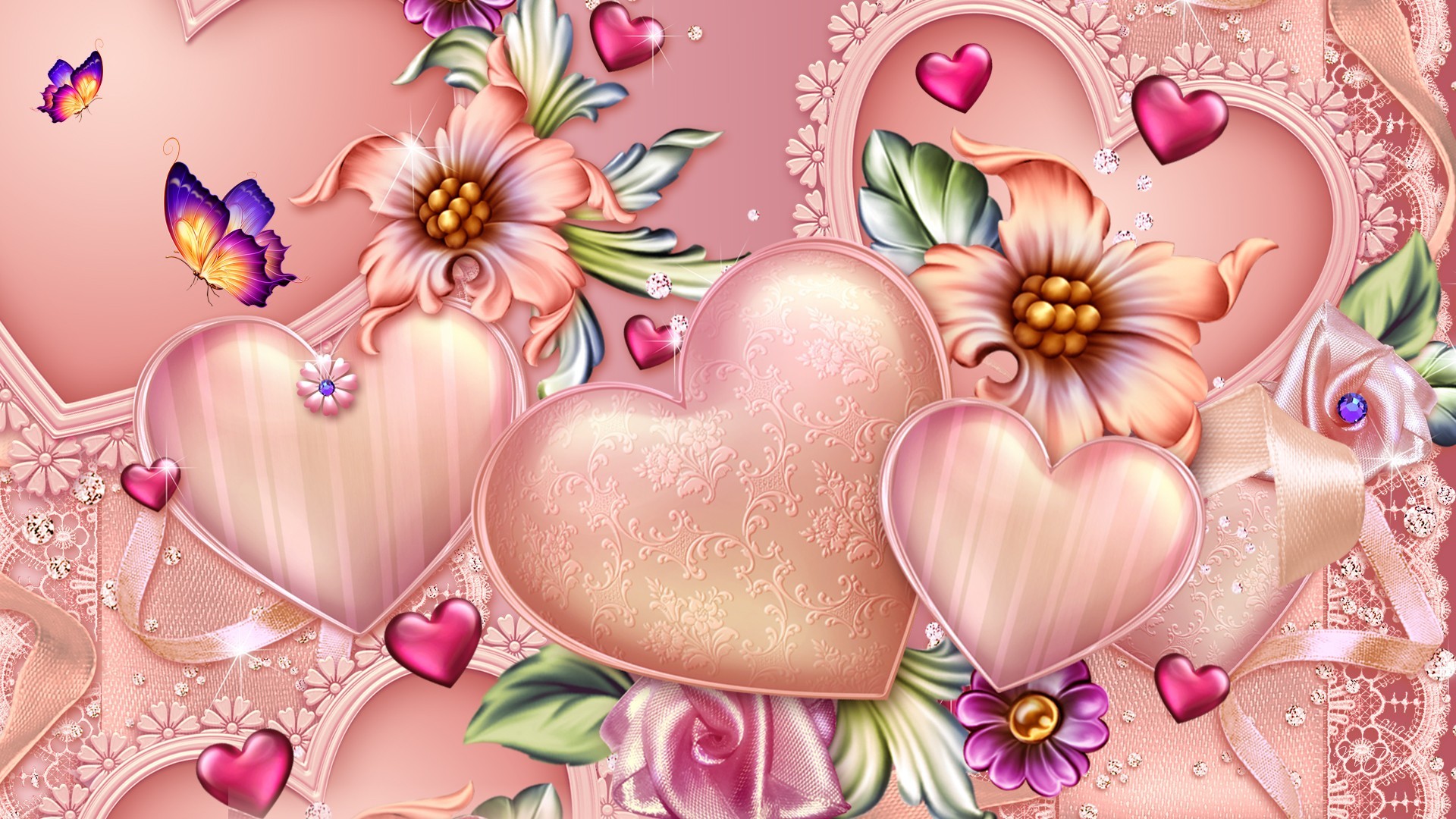 Завантажити шпалери безкоштовно Квітка, Метелик, Рожевий, Серце, Художній картинка на робочий стіл ПК