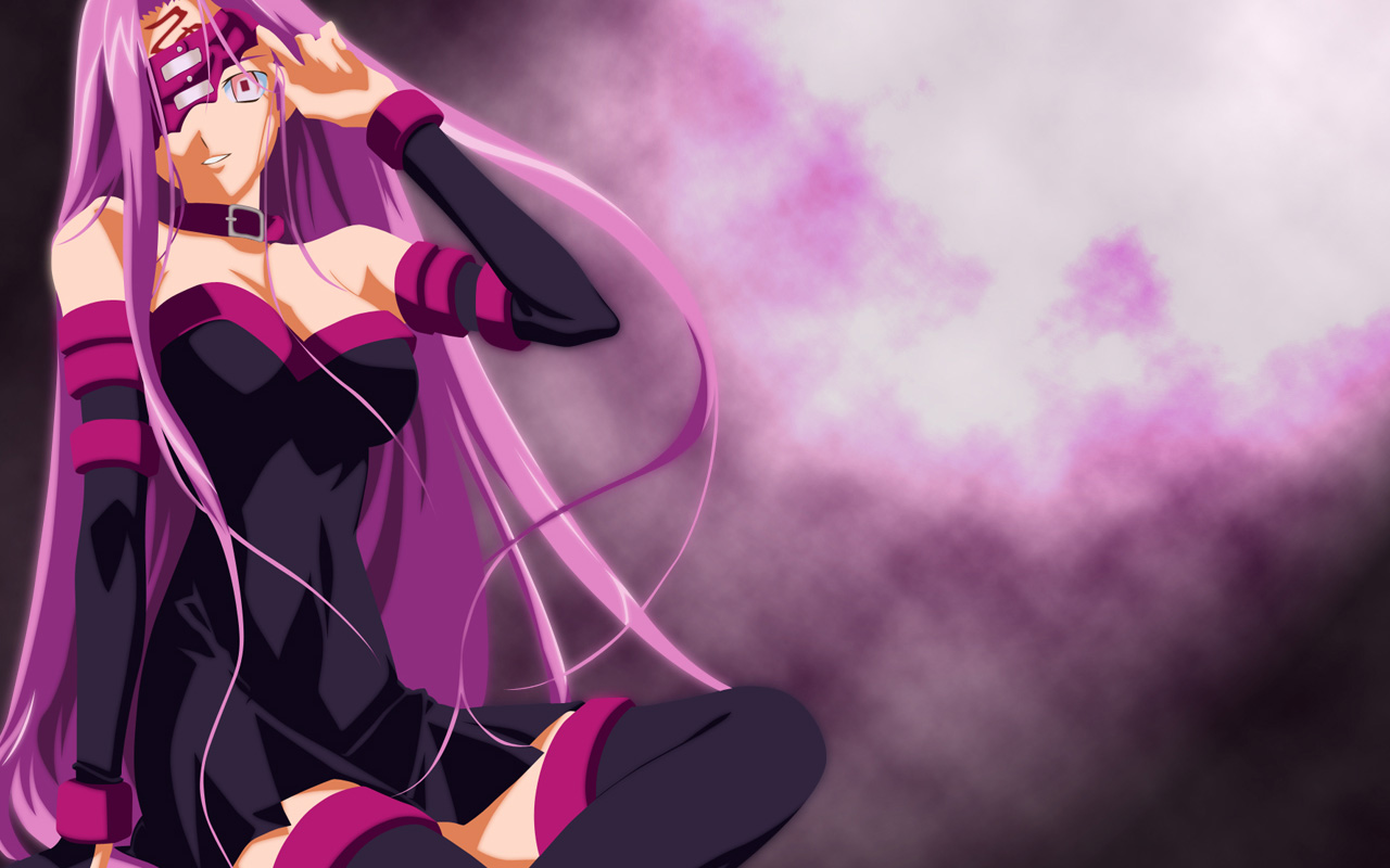 anime, fate/stay night, black dress, blindfold, collar, dress, fate (series), long hair, pink eyes, purple hair, rider (fate/stay night)