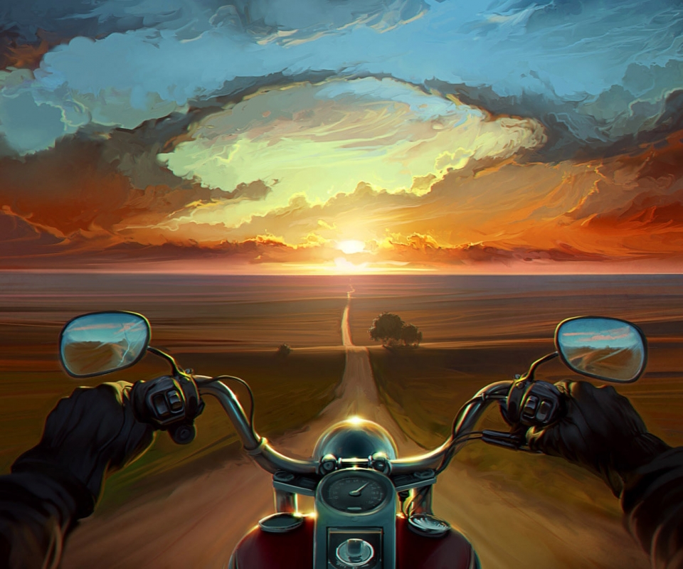 Download mobile wallpaper Landscape, Sunset, Road, Motorcycle, Bike, Artistic, Psychedelic for free.