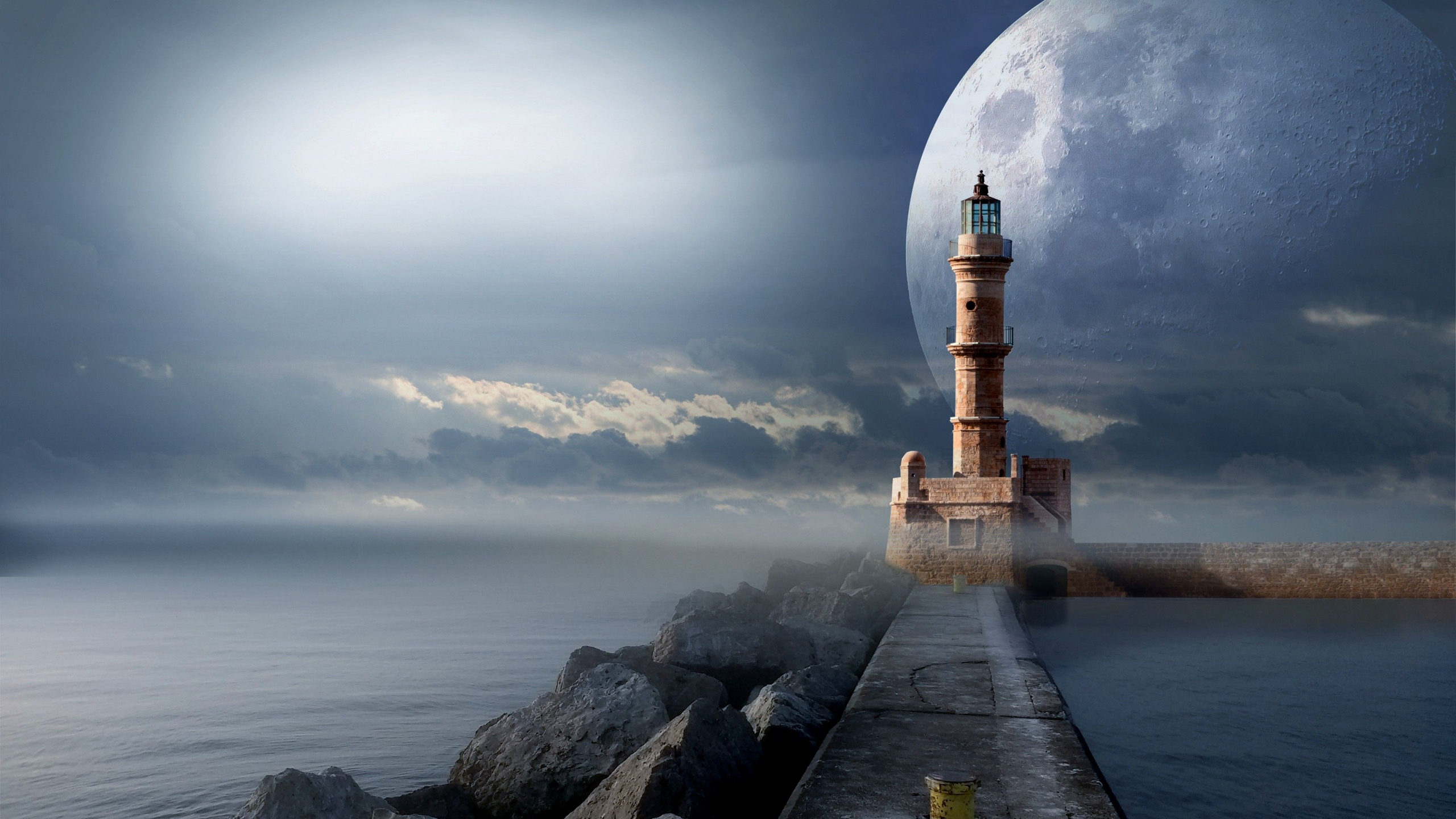 Download mobile wallpaper Moon, Pier, Lighthouse, Artistic, Dock for free.