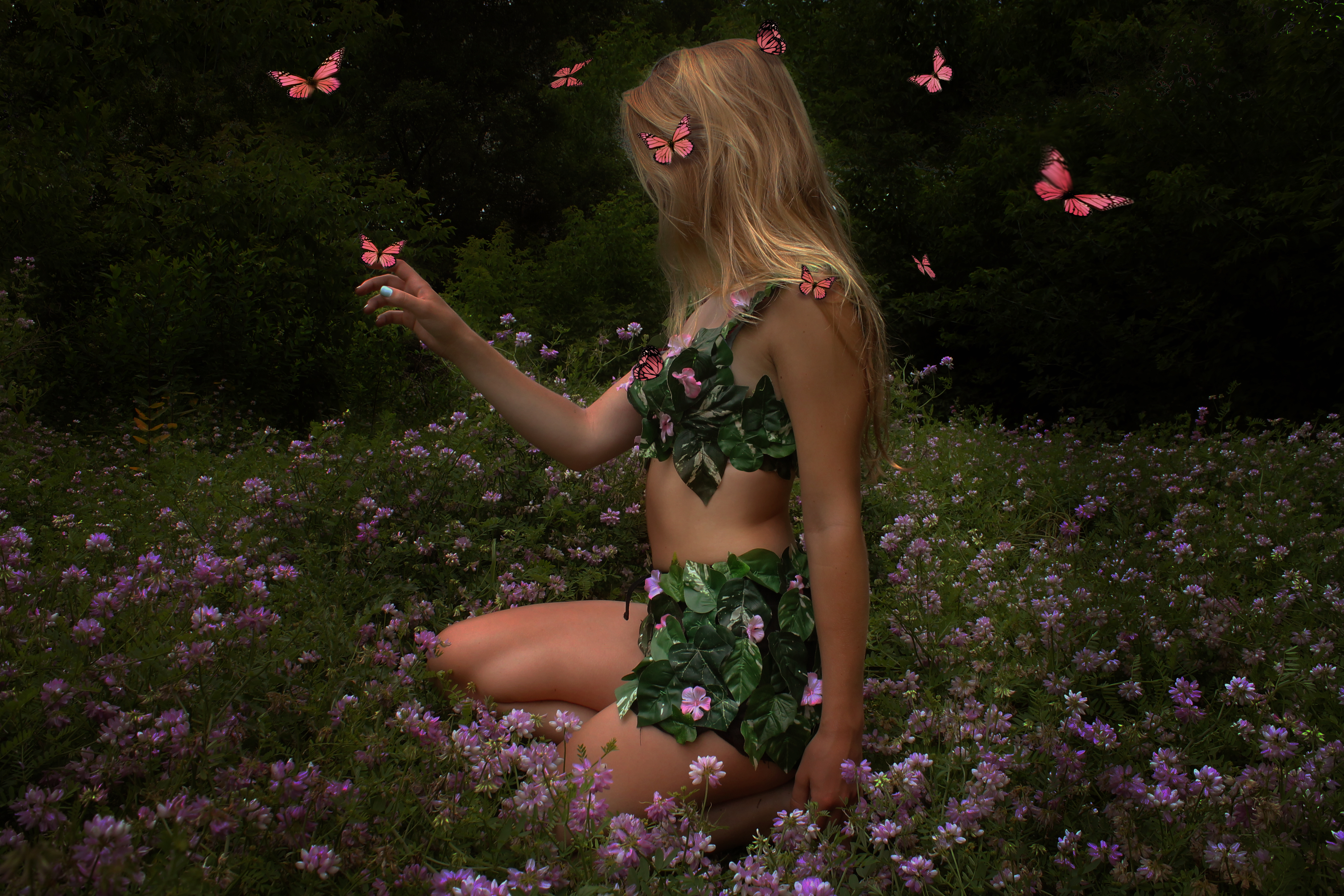 Free download wallpaper Fantasy, Pink, Flower, Leaf, Field, Butterfly, Women on your PC desktop