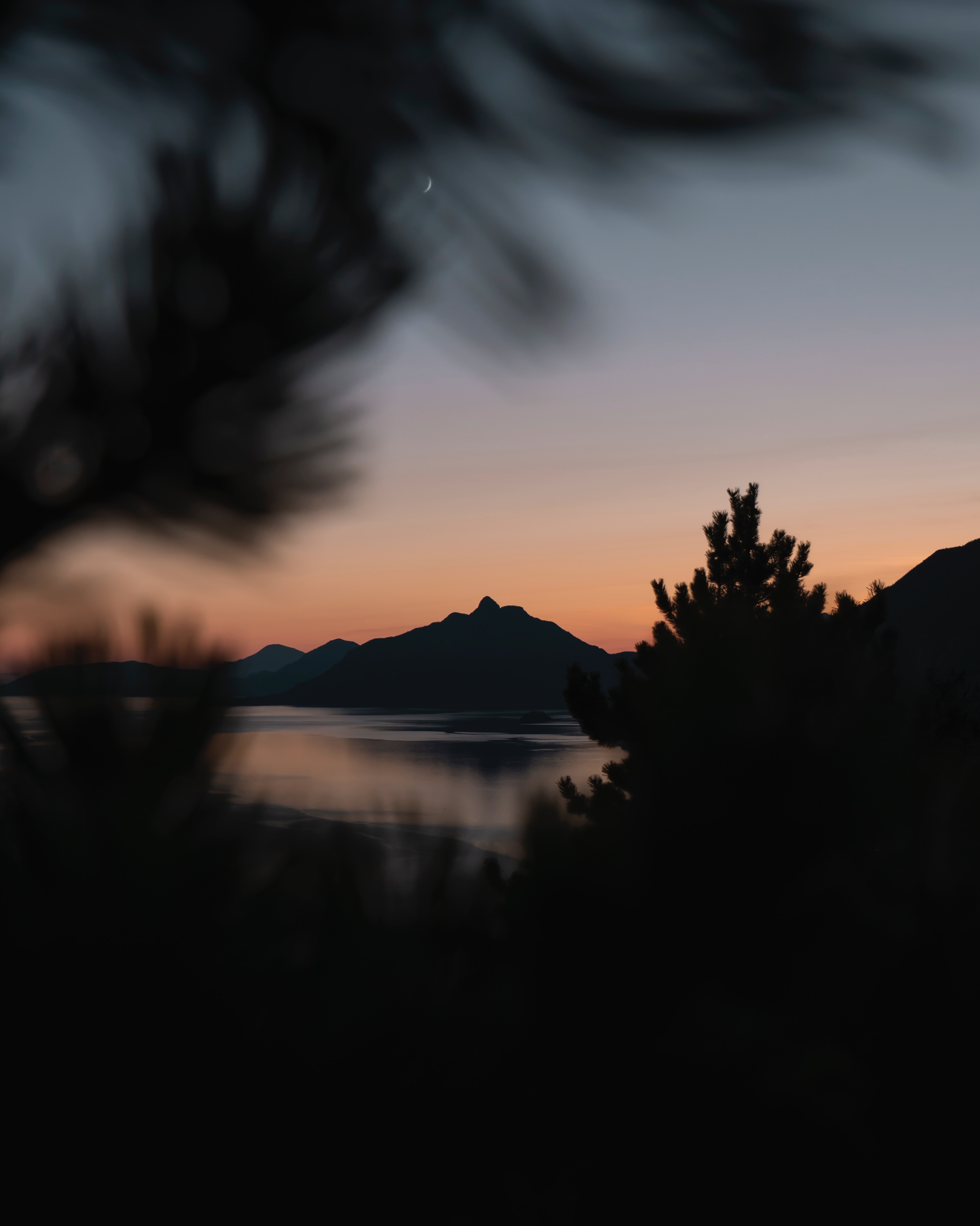 Free download wallpaper Sunset, Branches, Blur, Smooth, Night, Mountains, Dark on your PC desktop