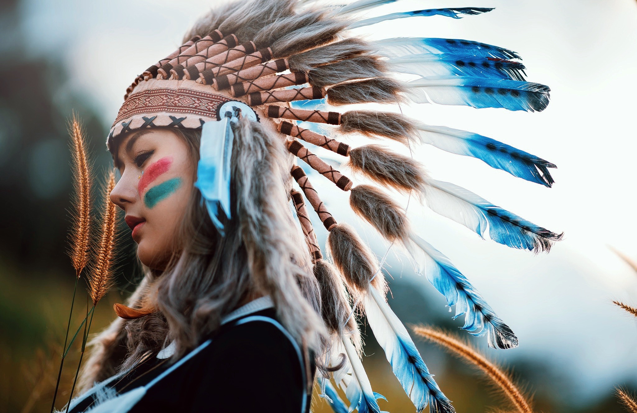 Download mobile wallpaper Feather, Women, Native American for free.