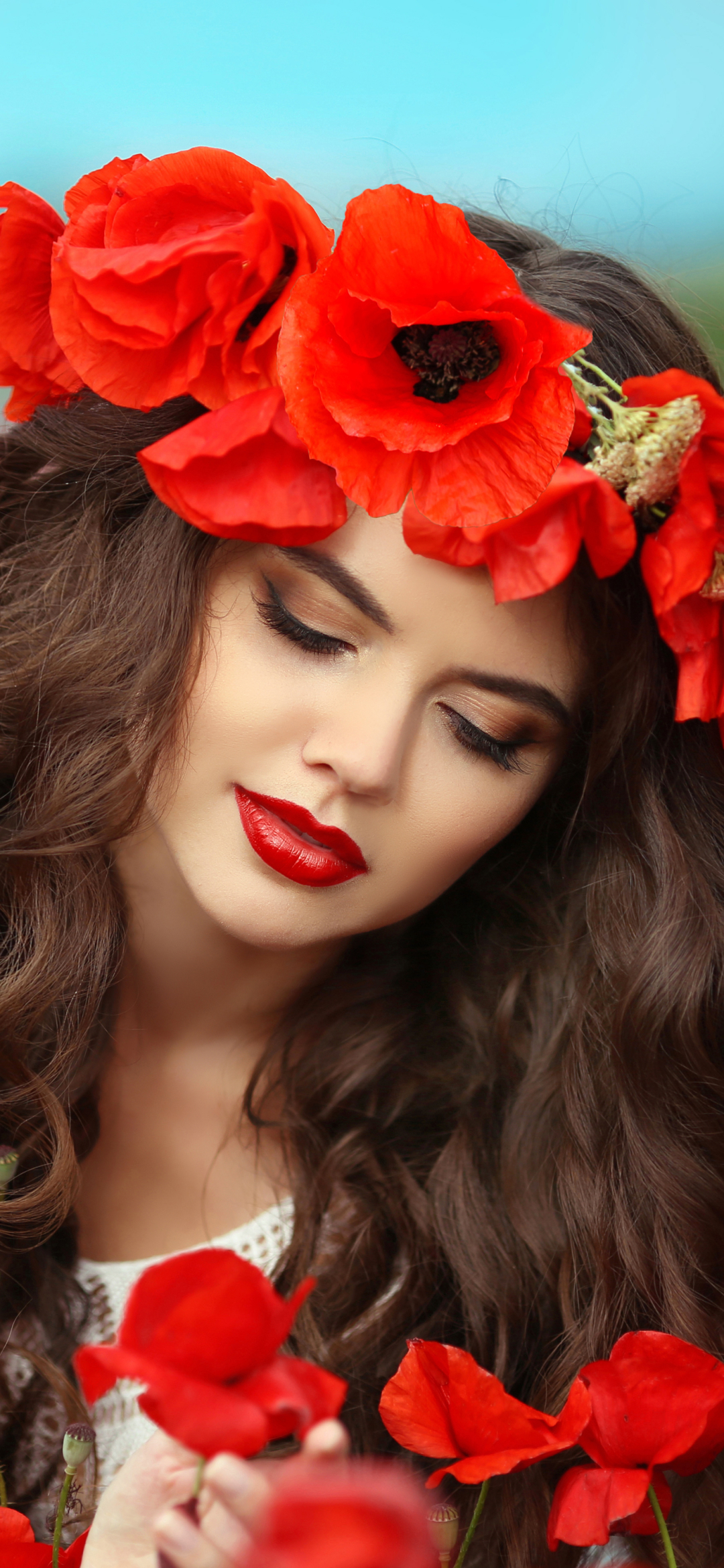 Download mobile wallpaper Flower, Face, Poppy, Model, Women, Red Flower, Lipstick for free.