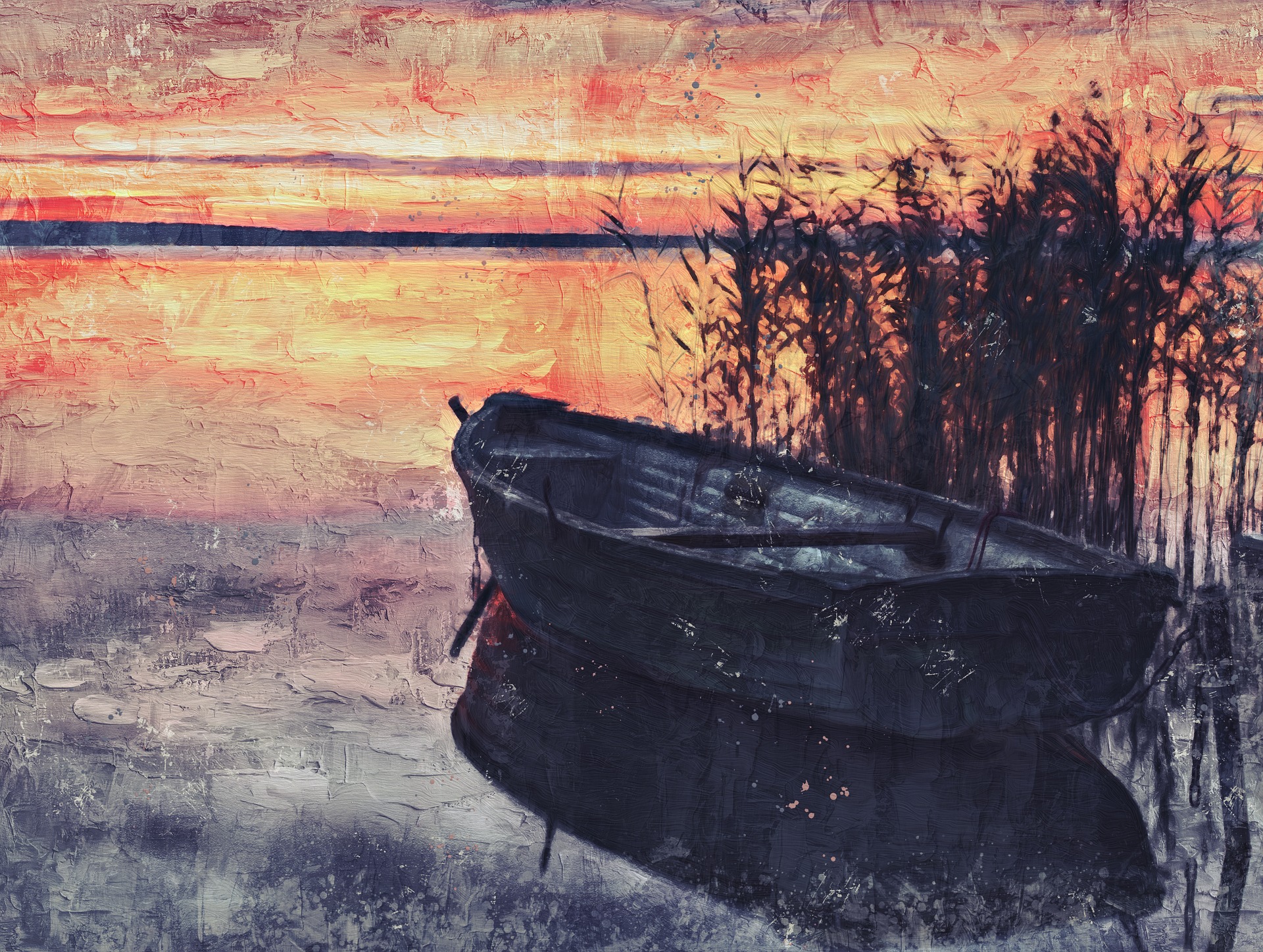 Free download wallpaper Sunset, Boat, Painting, Artistic on your PC desktop