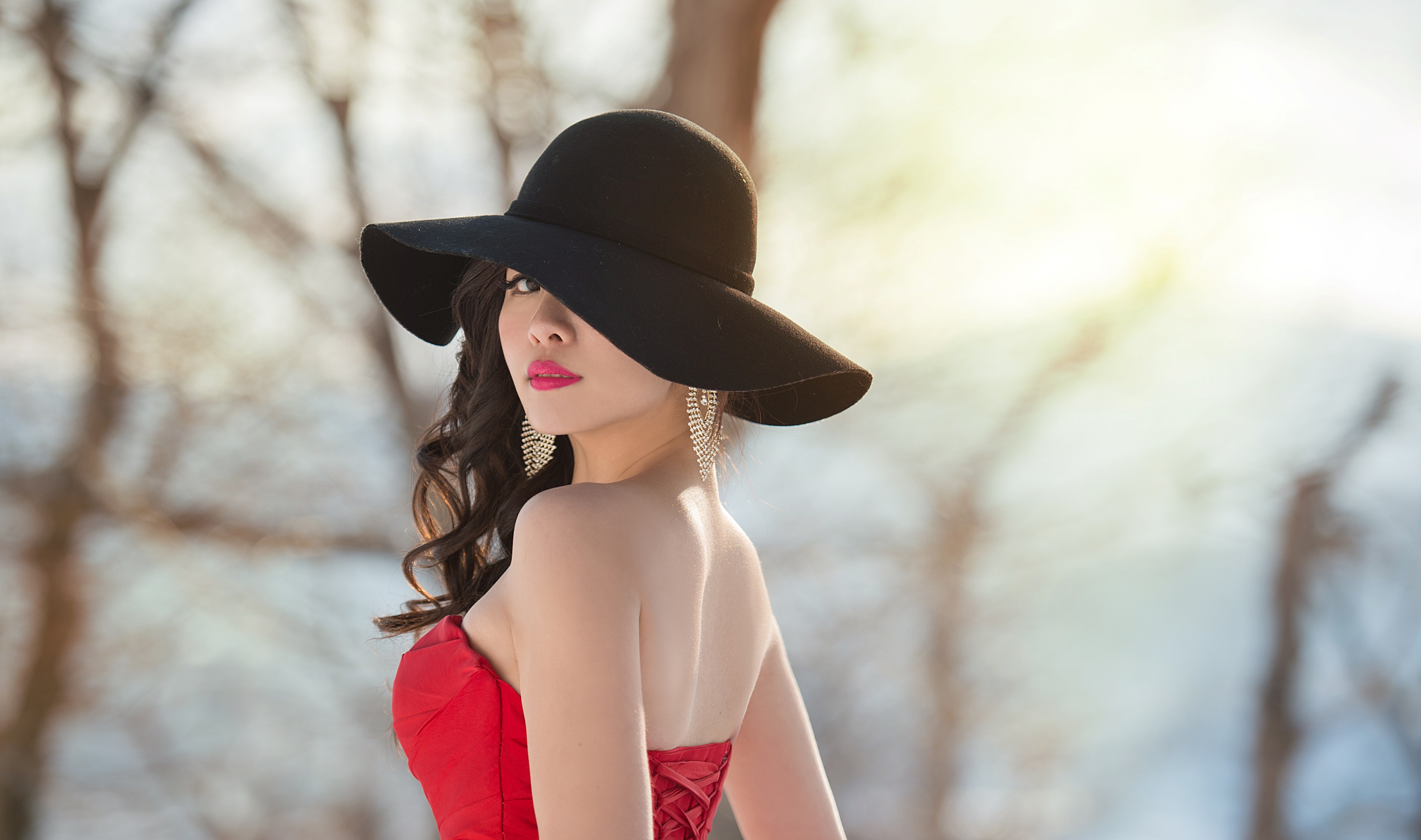 Download mobile wallpaper Hat, Brunette, Model, Women, Brown Eyes, Lipstick, Red Dress, Depth Of Field for free.