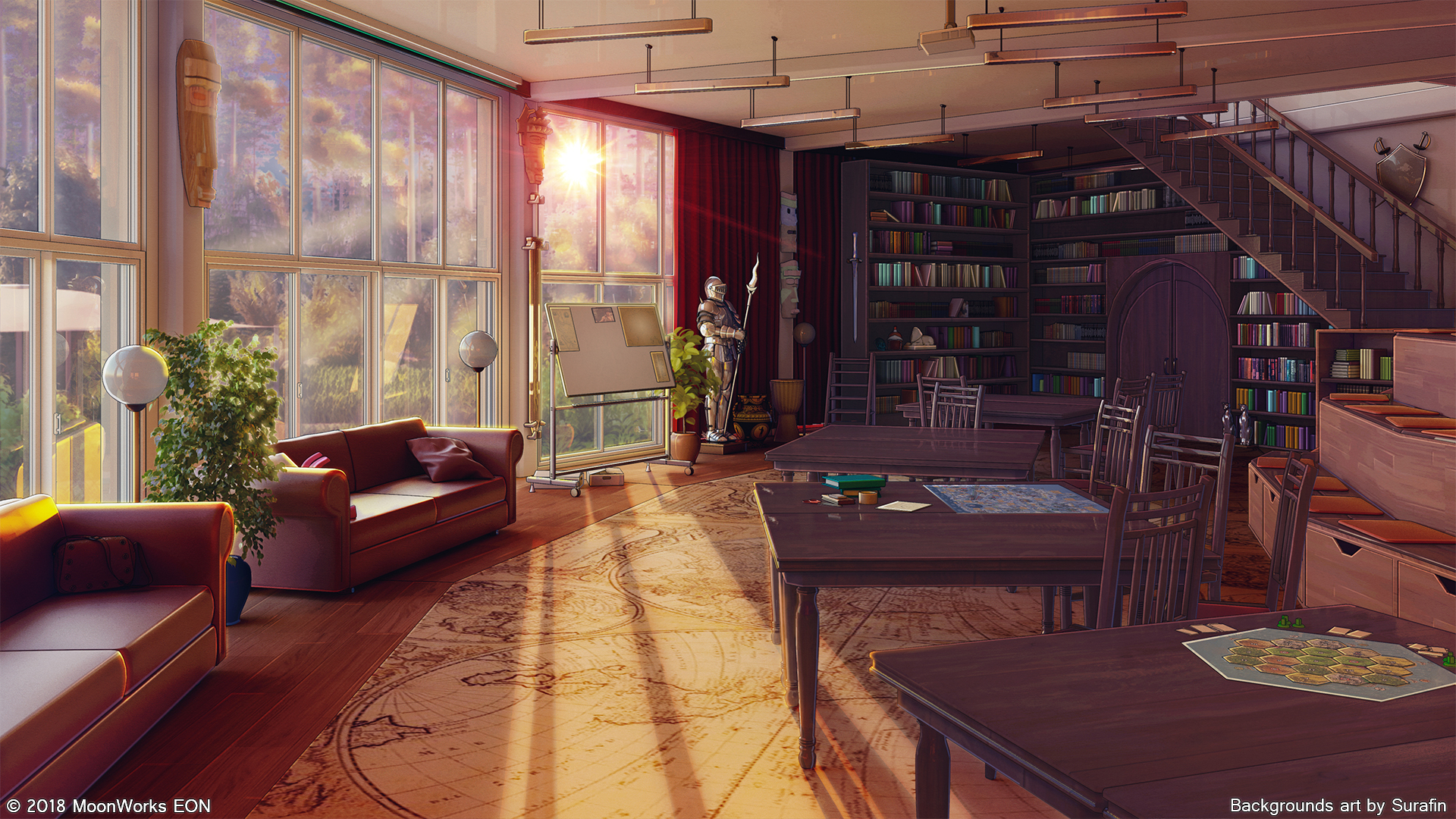 Free download wallpaper Anime, Sunset, Interior, Stairs, Room, Sofa on your PC desktop