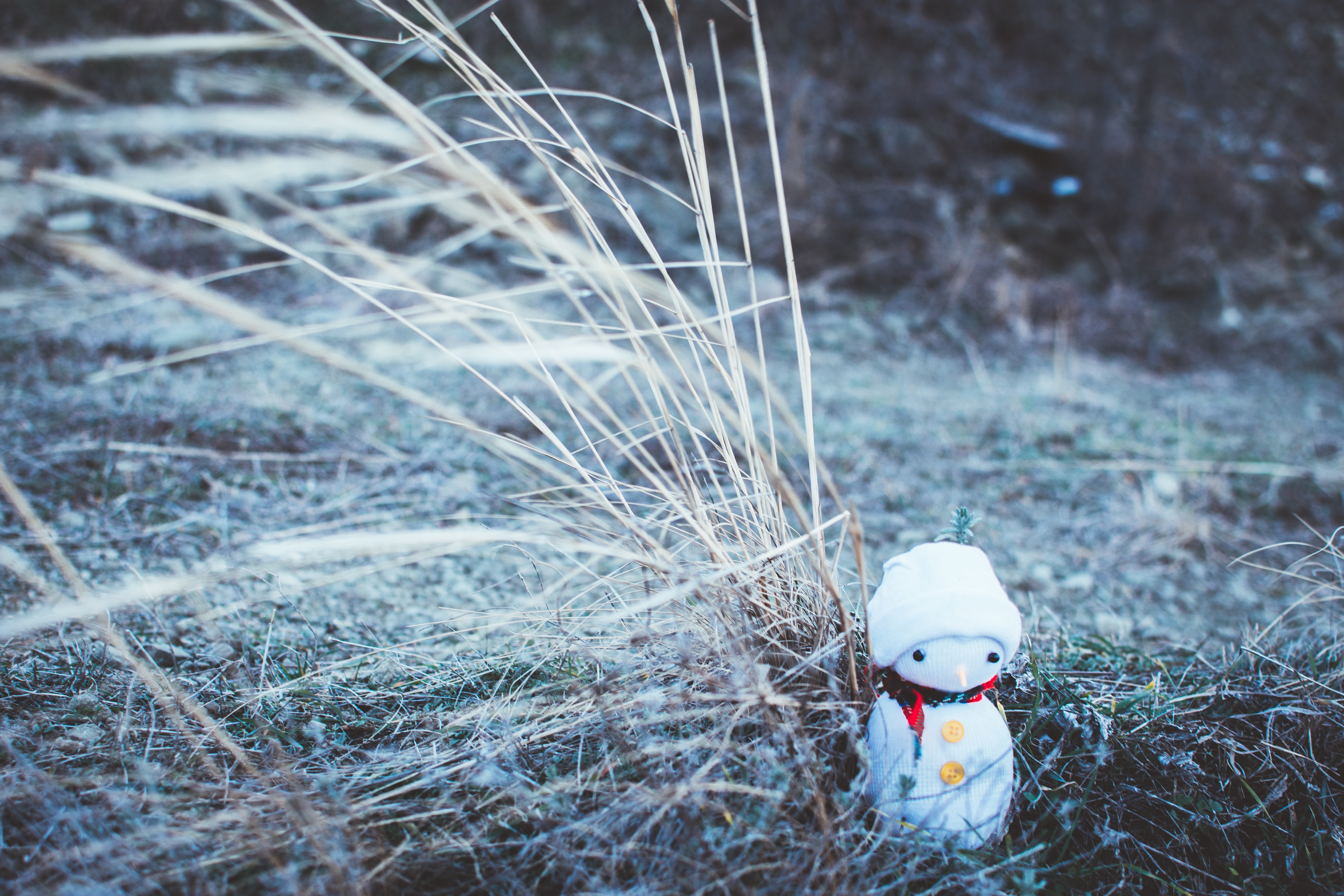 Download mobile wallpaper Grass, Holidays, New Year, Smooth, Snowman, Toy, Blur, Christmas for free.