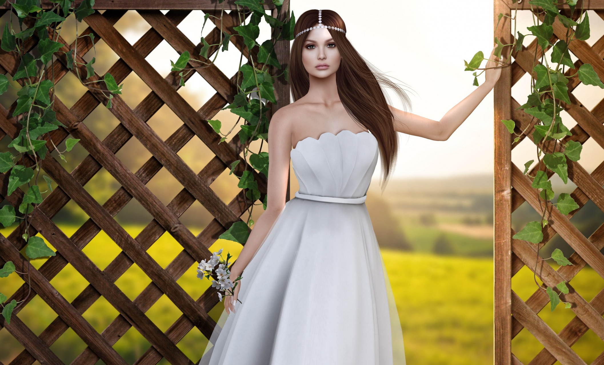 Laden Sie das Fantasie, Zaun, Brünette, Braut, Frauen, Hochzeitskleid-Bild kostenlos auf Ihren PC-Desktop herunter