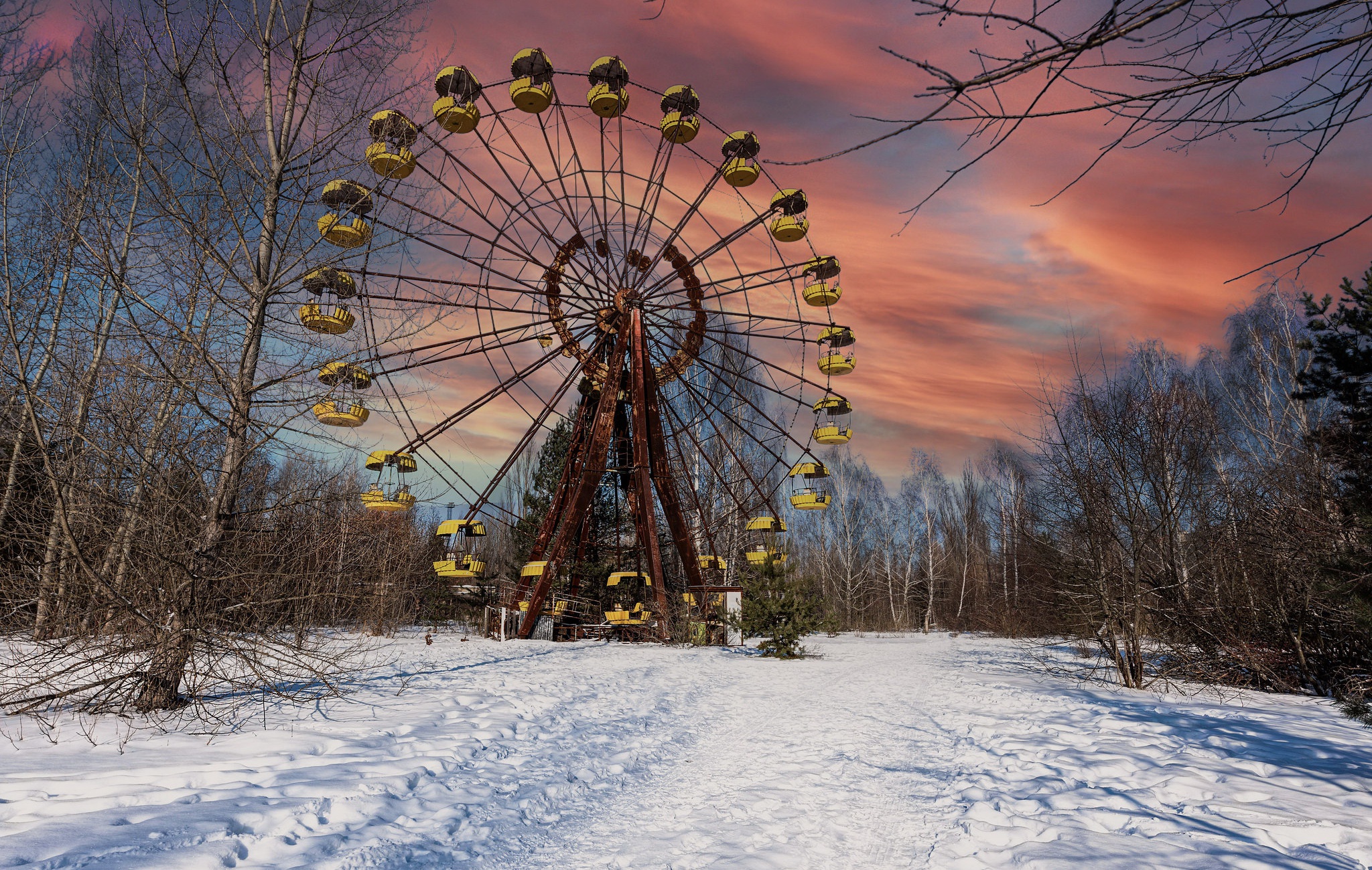 man made, ferris wheel, abandoned, chernobyl, snow, sunset, winter