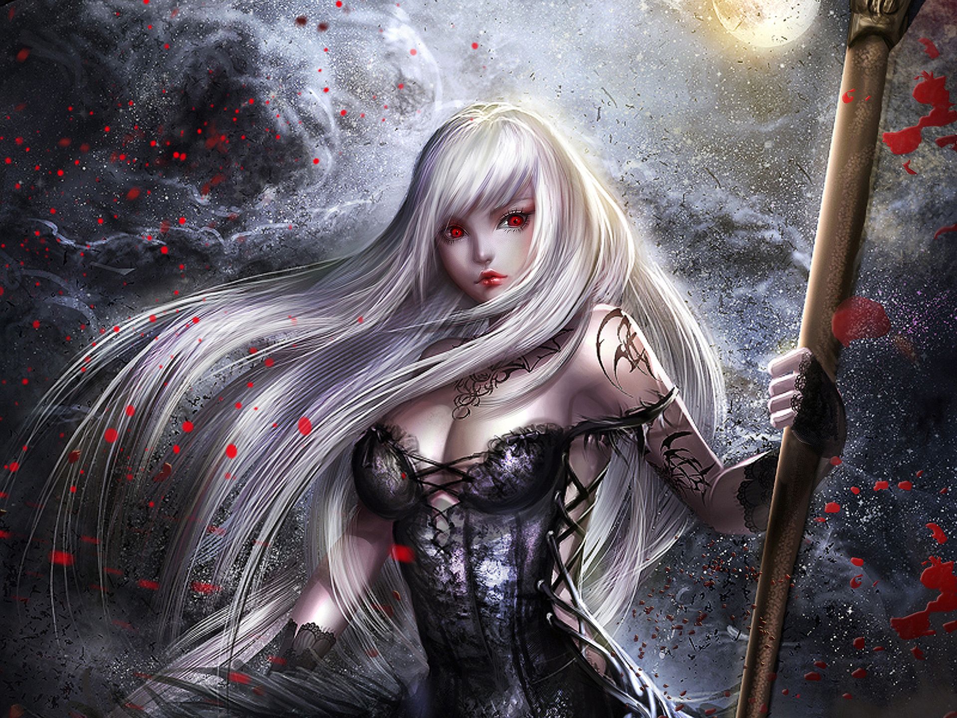 Download mobile wallpaper Fantasy, Weapon, Red Eyes, Long Hair, Women Warrior, White Hair, Woman Warrior for free.
