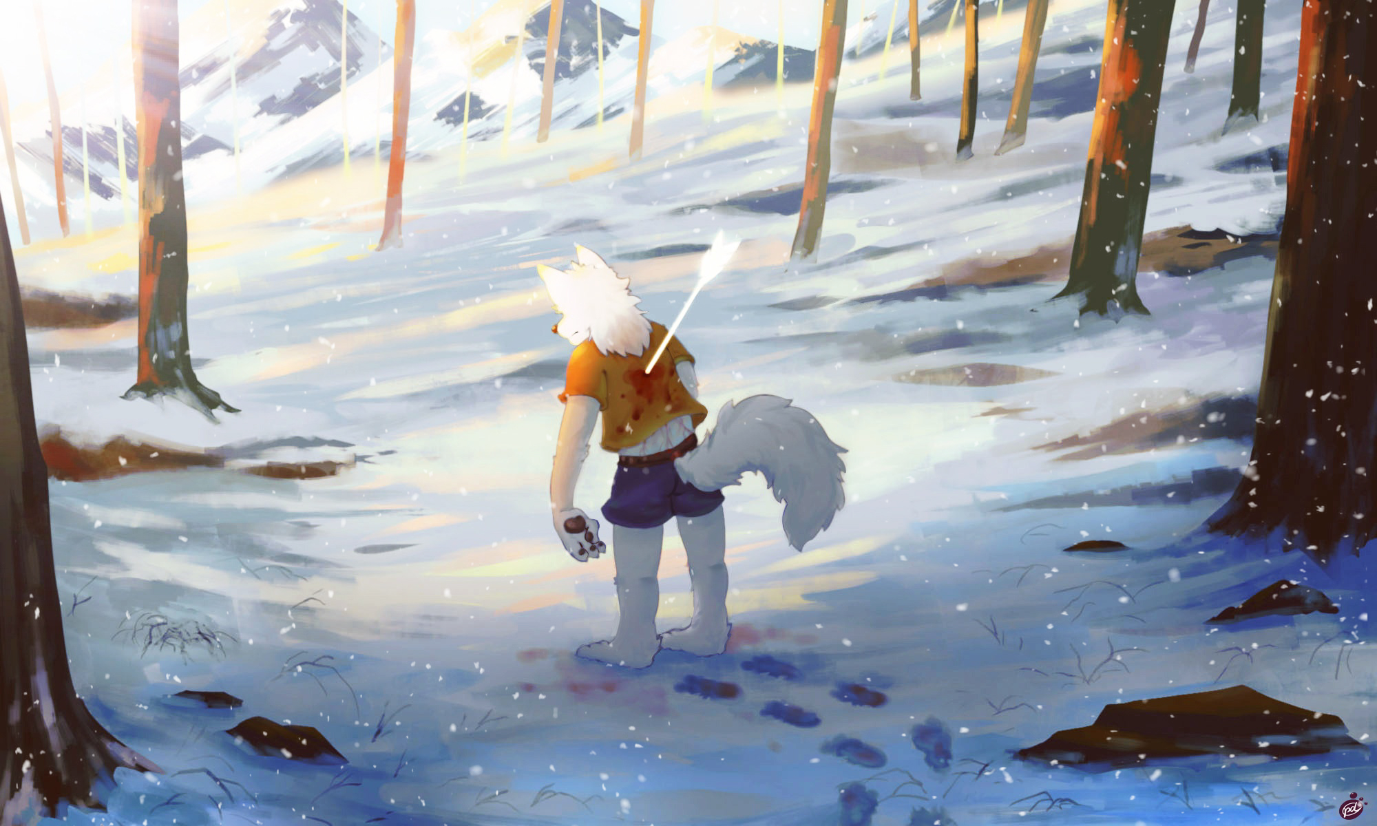 Laden Sie das Schnee, Pfeil, Wald, Wolf, Original, Animes, Pelzig (Anthropomorph)-Bild kostenlos auf Ihren PC-Desktop herunter